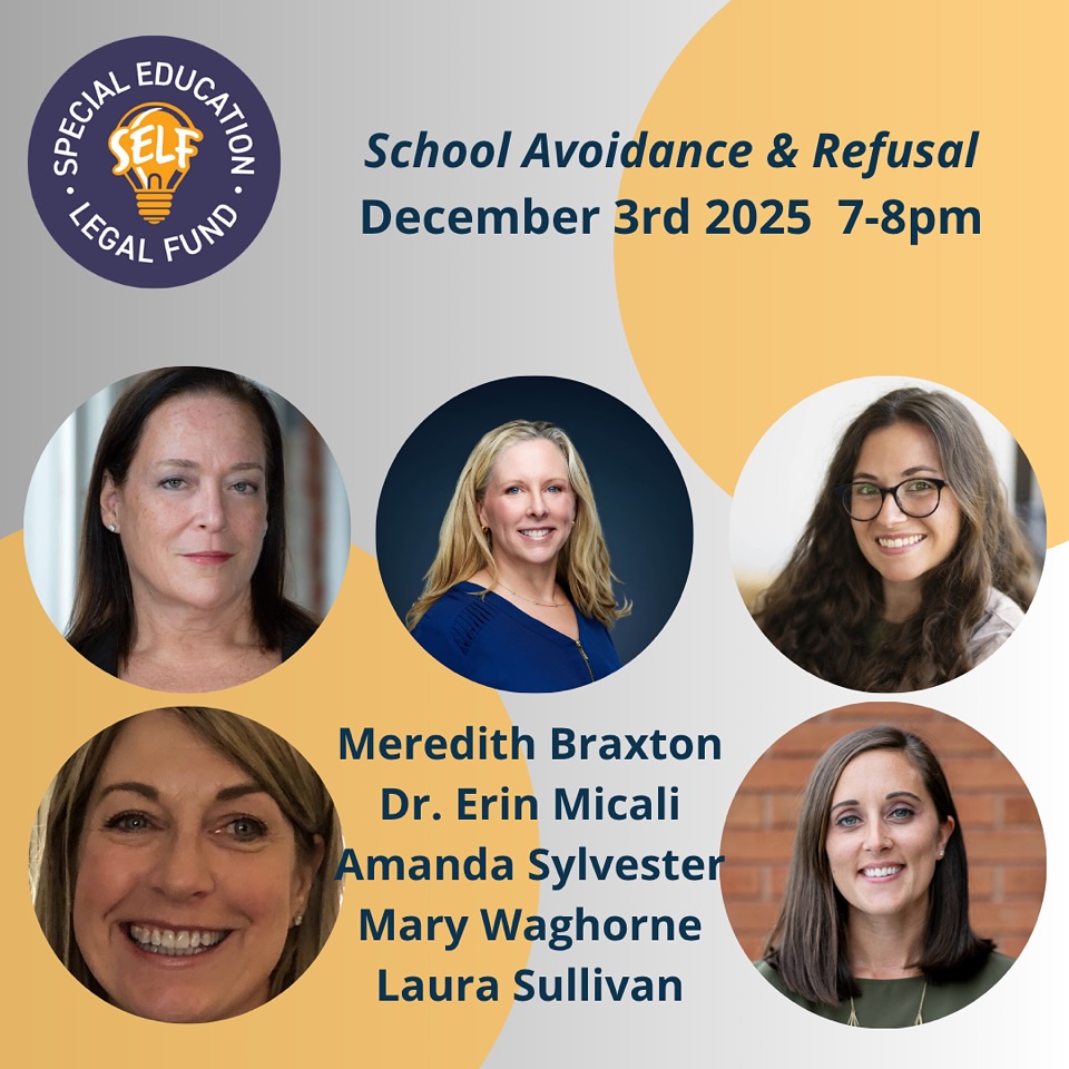 Join the @spedlegalfund Special Education Legal Fund on Weds 12/3 for an empowering webinar on School Avoidance & Refusal, moderated by S.E.L.F. Staff Attorney Laura Sullivan!
@spedlegalfund is bringing together an exceptional panel of experts: special education attorney Meredith Braxton, special education advocate Mary Waghore, psychologist Dr. Erin Micali, and Fusion Fairfield Head of School Amanda Sylvester. This will be a dynamic conversation about what to do when your student is avoidant, resistant, or refusing to attend school due to their special education needs.
This event is FREE - register today through the #LinkInBio!
#specialeducation #attorney #advocate #psychologist #schoolrefusal #schoolavoidance #schoolresistance #spedlaw #parenting #specialneeds