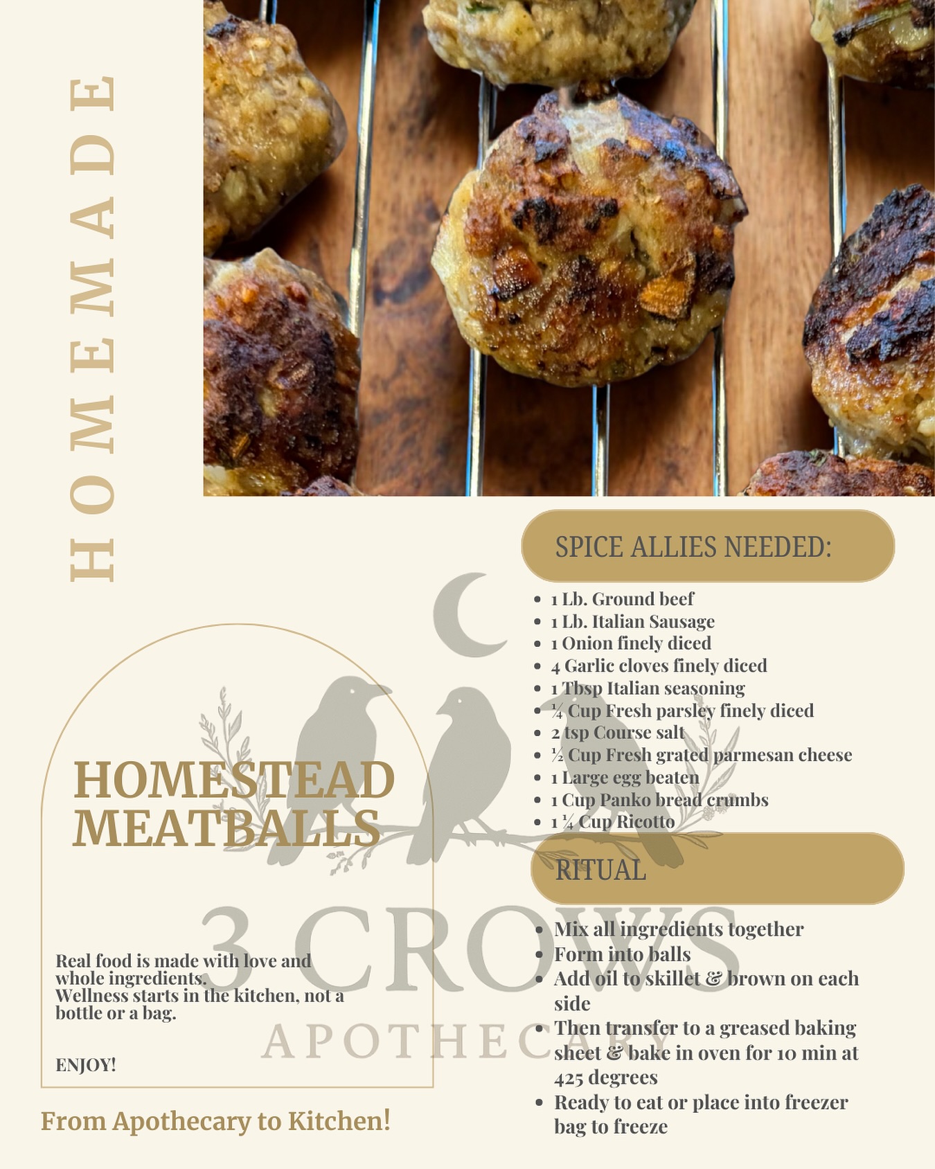 3 Crows Apothecary isn’t just about herbs — it’s about tending to yourself through everything you take in.
Herbal medicine begins with the choices we make every day — what we grow, what we cook, what we share.
These homemade meatballs are more than dinner — they’re grounding, nourishing, and made from scratch… just like everything here at 3 Crows Apothecary. 🌿
#3crowsapothecary #realfoodheals #nourishyourself #fromscratchliving #herbalwellness