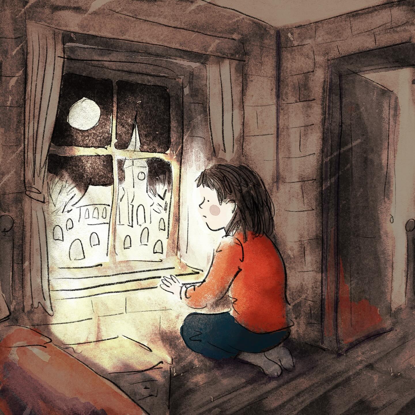 ‘She didn’t like the night.’
Folktale week is here! This is my first picture for the prompt ‘Night’. This is a window from my childhood which overlooked the churchyard. The church bell was so loud it sounded like it was ringing in my bedroom! I‘m not quite sure where this story is going yet so let’s find out together. One picture a day is going to be a bit tricky as so much on but hopefully I‘ll manage a few!
Thanks to the hosts for this brilliant challenge:
@matejalukezic @debrastyer @louve.draws
#folktaleweek #folktaleweek2025 #folktaleweeknight #sarahdyerpatreon #goodshipillo #goodshippicturebooks #kidlit #picturebookart #kidlitartist #picturebookartist #storytelling #childrensbookillustration