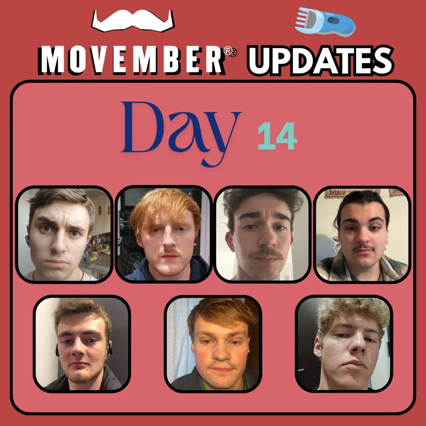 🥸MOVEMBER UPDATES🥸
Here's the day 14 photo from our boys who are taking part in Movember! We're starting to see some serious changes since day 1, and there's still half of the month left!
Keep sending in donations to our Movember page if you'd like to see our exec do some crazy challenges!