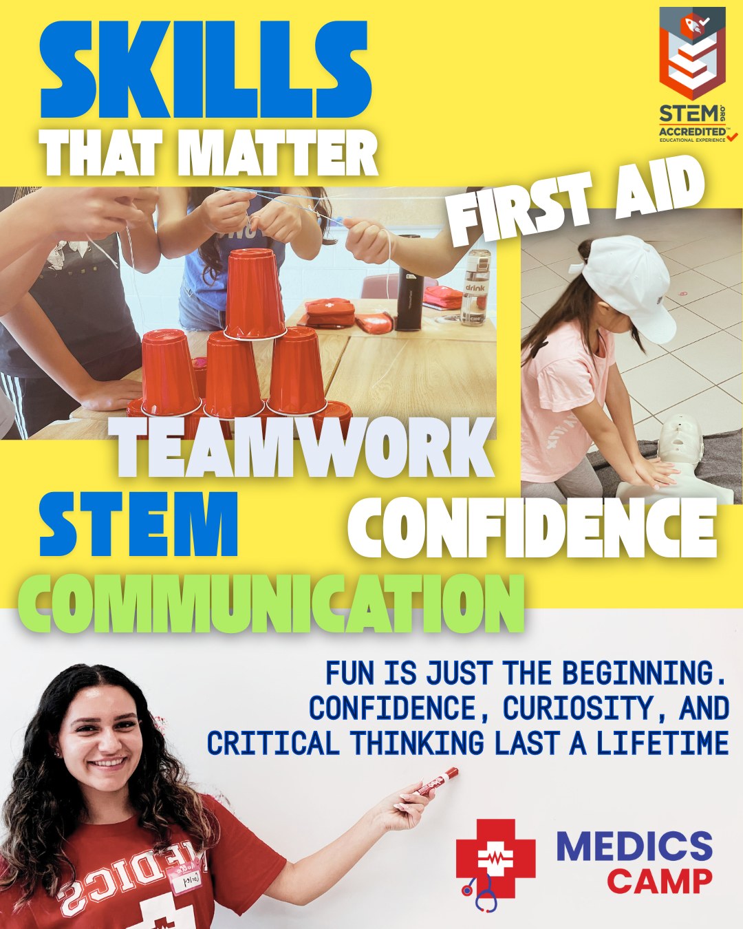 At Medics Camp, fun is just the beginning.
🧠💉 Campers don’t just explore STEM; they leave with life skills that actually matter.
At Medics Camp, we go beyond the buzzwords — we're proud to be STEM.org accredited, and in 2025, we were recognized among the top 10% of STEM-accredited programs worldwide! 🌍✨
Every activity is intentionally designed to build skills that truly matter — from critical thinking and problem solving to first aid, teamwork, and communication. Campers don’t just learn science — they learn how to think, collaborate, and care.
#MedicsCamp #STEMAccredited #TopSTEMCamp #LifeSkillsMatter #STEMeducation #FutureDoctors #ScienceIsFun #MedicalScienceForKids #STEMWithPurpose