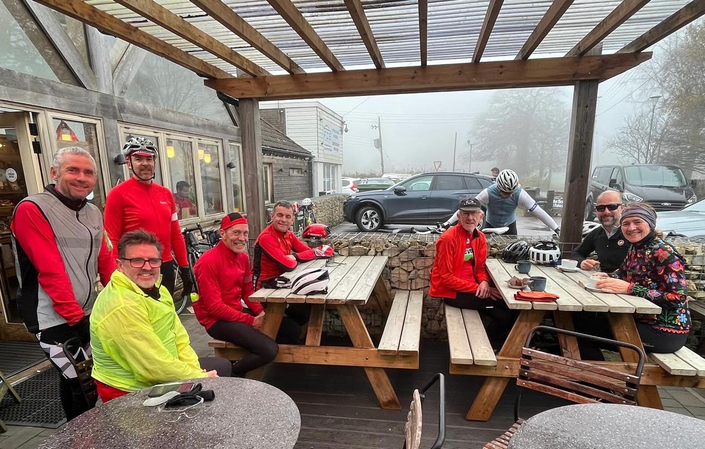 Today’s coffee and croissant social riders enjoying the weekly Saturday morning visit to @honeyandgingercafe in Failand. #coffeeandcroissant #cdrc #saturdaysocialride #clevedonanddistrictroadclub #clubride #clublife #saturdaysocial