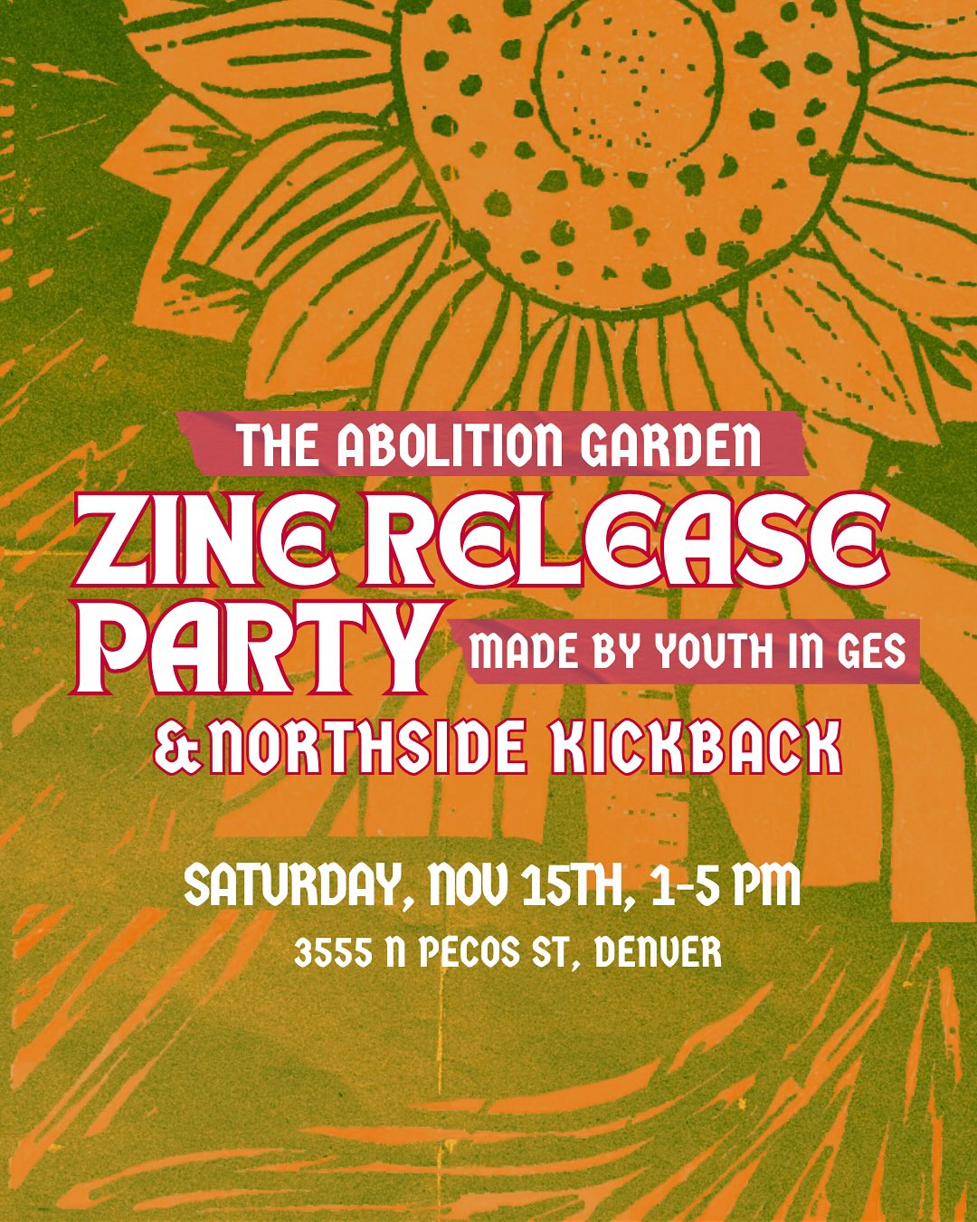 🎉🎉Our youth event and zine release is THIS SATURDAY from 1-5pm!🎉🎉 We are so excited to celebrate and share the work that our Rootwork youth interns have been doing in GES this Summer/Fall season! Come meet the amazing young people who have helped us nourish our community! ♥️🙌🏾
(Swipe for slides en español)
📍Location: The event will be held beside the collaborative DENORA farm project, located at 3555 N Pecos St, Denver!
🚙🚗Parking & Public Transit:
There is lots of free street parking around this venue! Street parking is located on W 36th Ave, W 35th Ave, and Pecos St, as well as a fully free parking lot (with limited spaces) located in the back alley behind the event building. Venue can be accessed directly through public transit bus lines 19, 52, and 44 (a 5-ish minute walk).
🏠Building Entry & Bathroom:
The event building is a smaller structure located behind the old school building with only one entrance, accessible from the back alley. The alley can be accessed from either 35th or 36th Ave. The interior of the building is fully accessible. There are two non-gendered, accessible restrooms in the building with multiple stalls.
👌🏾Safety & Comfort:
his is an indoor/outdoor event, and we ask that masking is reciprocated. We will be distributing masks at the door. If you would like to be unmasked, please distance yourself from those who are masking. The event will be photographed, please communicate if you would not like to be photographed.
🌯Food & Drinks:
Food and drinks will be provided at this event. This is also an optional potluck, so please bring food to share, if you’d like! There will be vegan and gluten free options, as well.
📚📕Bring a Book Donation:
Our Liberation Library has been through the wringer, and we’ve been working with our youth to rebuild it! Come leave your mark on the library! We will have paint, stamps, and other forms of art-making to bring the library to life. We are gathering donated books, zines, and pamphlets that center: abolition + systemic change, children’s books, BIPOC stories, history re-told, resistance, care practices, cultural recipes, land, identity, futurism, and more!
*Image description in comments