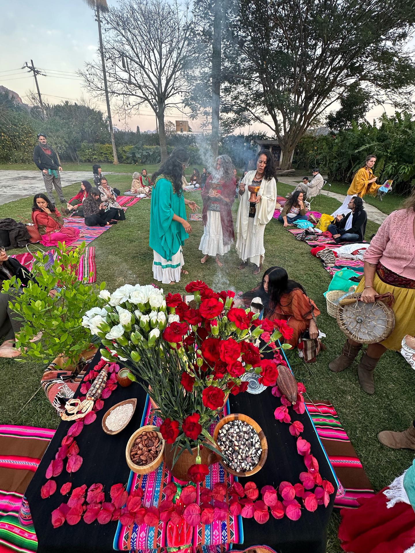 Y así fue nuestro estreno de Hijo/as de Mama coca en Tepoztlán, México. Después de varias semanas de pre producción con Nati, llegó el gran día. A pesar que en esta tierra no se cultiva Kuka, llegó Juan con una planta madre a resguardar nuestro altar, levantado por maravillosas mujeres (Luna, Sara, Mafer, Laura Carmen, Alheli, Anais, Flor, Rosa, Denis, Vero), velas encendidas de un fuego central resguardado por nuestro hermano Adrián y Noemí, quien todo el tiempo mantuvo las brasas de las copaleras para recibir a cada invitado con aromas de copal y palo santo acompañados de plumas de águila y cóndor respectivamente, al entrar atravesabas un portal de Kintu hecho por Emiliano. Ese inicio te llevaba al recorrido del precioso jardín cuidado por Eva quien nos prestó Las palmas; la primer area donde llegabas era la zona de niños a cargo de Betza de Mondomonkis; luego llegabas al museo vivo de la coca que fue resguardado por Eli y Gaetano mi hijo más grande. Una vez ordenados todos los espacios, abrimos con caracolas pututus para pedir permiso a los guardianes de este territorio, es por eso que el altar tenía maíz, cacao, pulque, para darle la bienvenida al espíritu de la mama coca. Ya habiendo saludado los 7 rumbos, entró en acción Lauro, enseñando cómo rezar con la coca, así todos los participantes hicimos kintus recibidos por Kena y todos pijchamos hojas de coca, para así entrar a ver el documental con una amplia percepción. El espacio de proyección armado por Tamayo crearon una gran experiencia, aunque creíamos que era lo suficientemente amplio, el espacio nos quedó pequeño ya que fue una gran convocatoria. Al terminar la presentación fue lindo poder traer adelante a parte de los participantes: Celeste, Octo, Ricardo, Rosita, Ambriz y Melisa. Mientras de la cocina iban saliendo delicias verdes (tlacoyos, tamales…) a cargo de Tere, Ana, Fabi y Flor con sus magias; afuera esperaban los sikuris vientos de Ketzalcoatl, y la gente danzando al rededor de ellos, para luego continuar la danza con Lagartijeando con una gran selección musical. Gracias a todos por hacerlo posible, la semilla de coca fue sembrada en muchos corazones, esperamos siga creciendo y floreciendo.