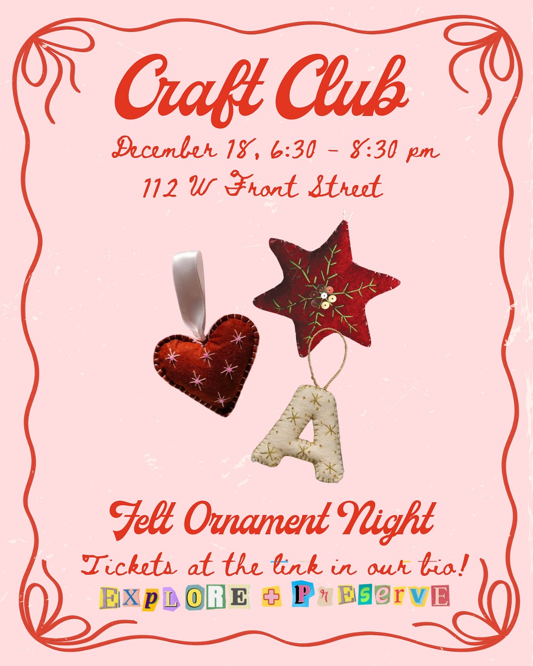 December Craft Club! October was so fun we decided to do it again! Tickets at the link in our bio, please reach out with any questions. 🪡💝
