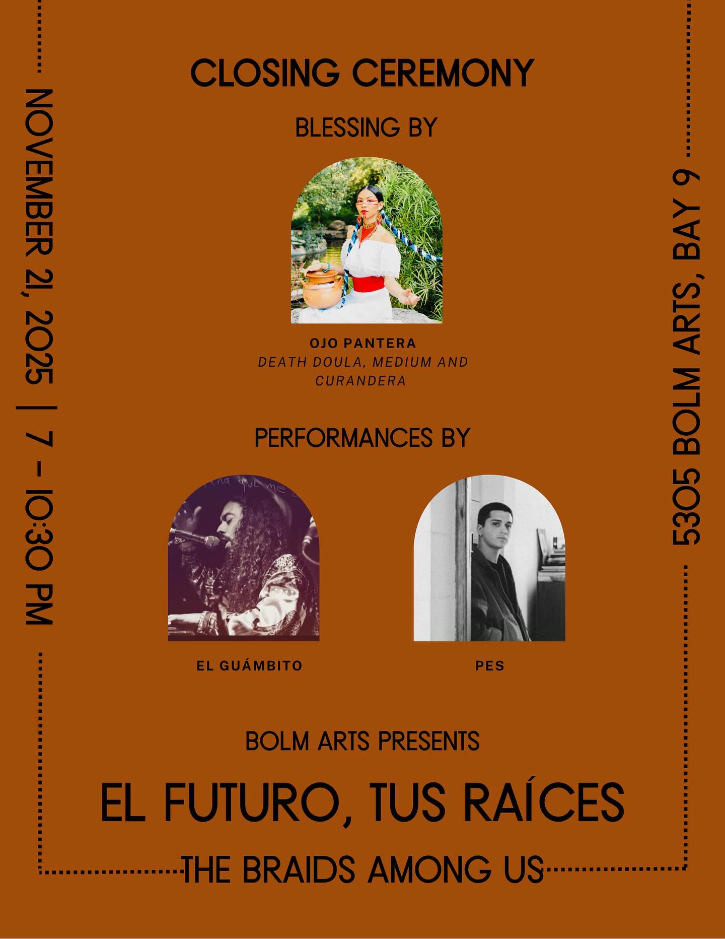 ⨠Closing Night: El Futuro, Tus RaĂces â The Braids Among Us â¨
November 21 ⢠7â10:30 PM at BOLM Arts
Join us for the closing celebration of this powerful exhibition. The evening opens with a community blessing by @ojopantera, followed by live performances from @el_guambito and @pes_musica.
Weâll have bites, drinks, and one final chance to experience the work of our exhibiting artists:
Featured Artists:
@el_sando @saturns_onionrings @justindheron @missingcosmonaut @xoxoammo @lindspaints_ @artbybieke @anco_art01 @missingcosmonaut @paulinarico.art @laalmadelsol @artbyeddiemartinez @elyse.g.omez @izmemario Louis GutiĂŠrez
đđ˝Mucho gracias to our sponsors: @eldoradocafeatx @carabuenatequila @mexican_consulate_ug @atxorganicsofficial
Come honor the stories, the lineage, and the braids that create our strength. đ¤đĽ