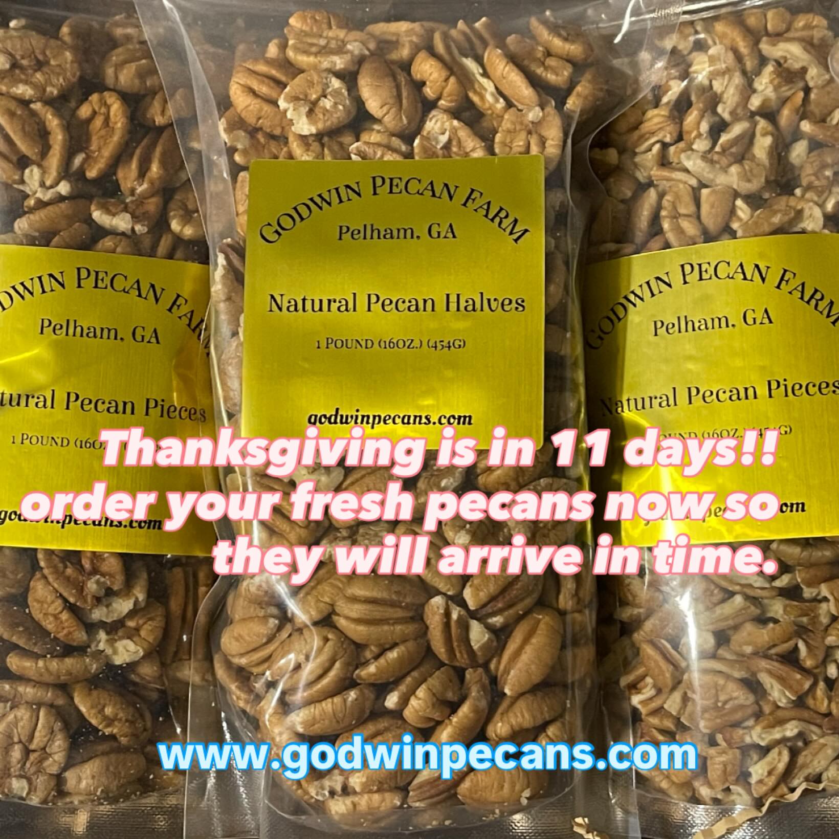 Go to our website to order your farm-fresh pecans for Thanksgiving pies or snacking or adding to your favorite dish! Only 11 days until the big turkey day!
www.godwinpecans.com.