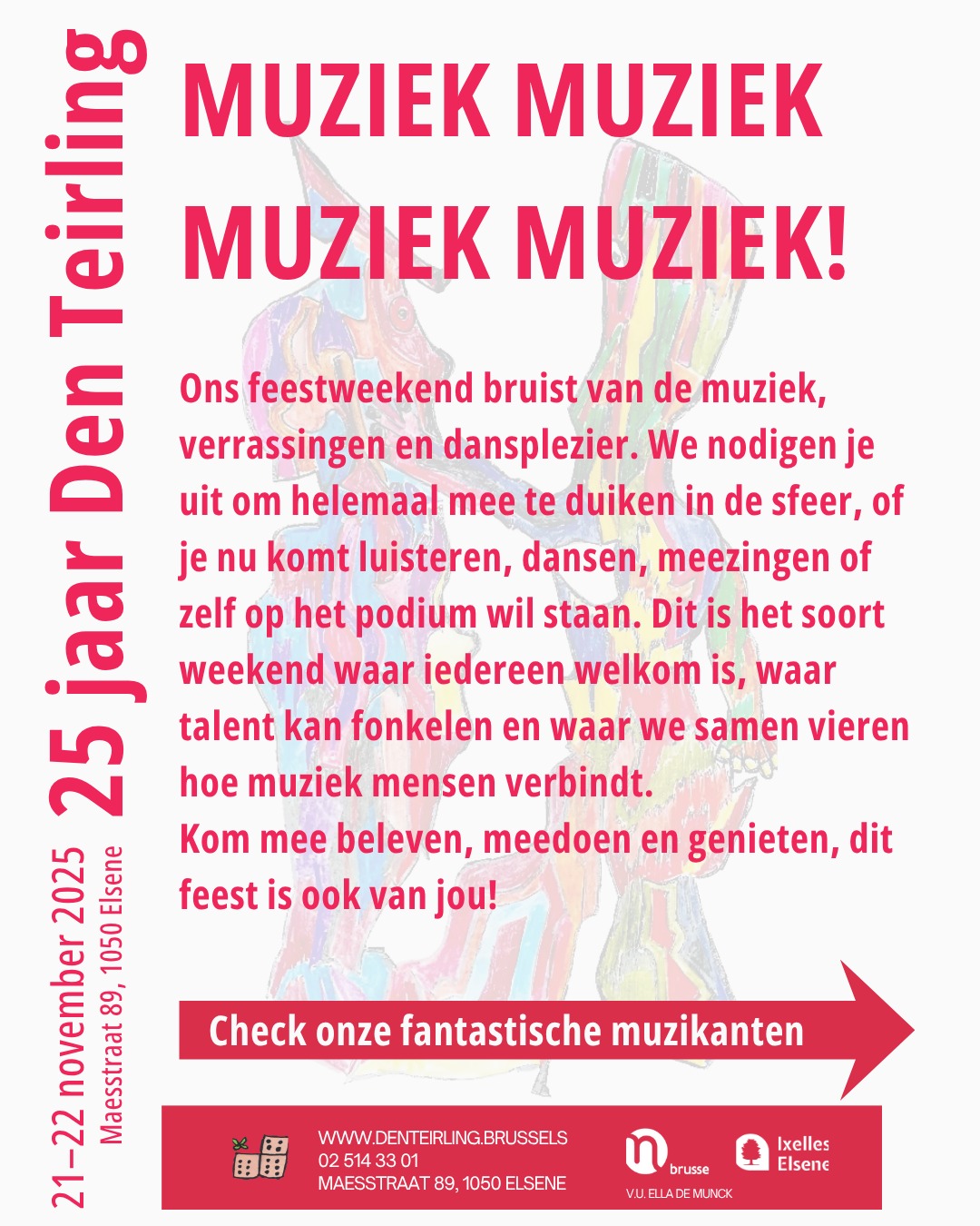 🎵 MUZIEK MUZIEK MUZIEK!
Ons feest weekend bruist van de live muziek, verrassingen en dansplezier — en jij bent meer dan welkom om mee te doen!
✨ Vrijdag – Open Podium (21/11, 20u30)
Ons podium staat wagenwijd open!
Zin om een liedje te zingen? Een dansje te doen? Je gekste instrument mee te brengen? Of iets totaal onverwachts te tonen?
Verras ons — jij maakt het podium magisch.
🎸 Zaterdag – The Rolling Dice (22/11, 19u30)
Onze huisband zorgt zoals altijd voor sfeer, energie en herkenbare covers die alle voetjes van de vloer krijgen. The Rolling Dice warmt de zaal op en sleurt iedereen mee in hun enthousiasme.
Dansen gegarandeerd.
🎧 Zaterdag – DJ FEESTCOMITÉ aka Javier (22/11, 21u30)
We sluiten ons feest af met niemand minder dan DJ FEESTCOMITÉ.
Javier verandert met zijn liefde voor muziek élke ruimte in één groot dansfeest. Altijd stuiterend op en neer, van links naar rechts, klaar om sfeer te brengen en iedereen in beweging te zetten.
Een finale vol energie — mis het niet!
💛 Kom vieren, dansen, zingen, springen en vooral: samen genieten.
Ons feest is van iedereen, en iedereen is welkom.