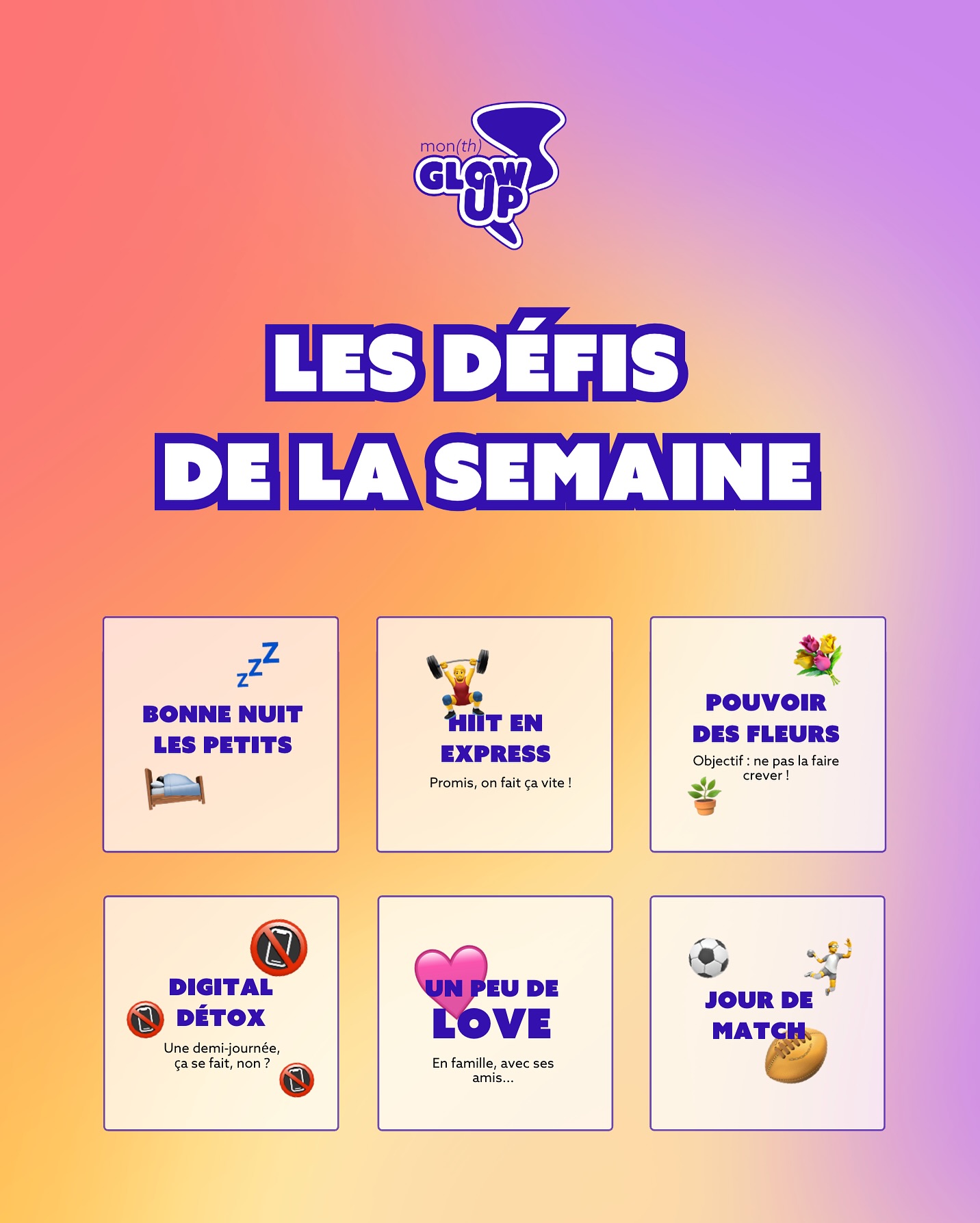 🥳 Vous avez dead ça cette semaine !
On repart sur une nouvelle semaine de défis, ready ? 😉
On est dimanche et qui dit dimanche, dit annonce des défis de la semaine ! On te dévoile les 6 nouveaux défis ⤴️
Retrouve toutes les infos détaillées (et des exclus 👀) sur notre canal Mon(th) Glow Up (le lien dans la bio) et aussi tu peux télécharger ton carnet de bord et ta liste de défis à cocher !
😱 Pas encore inscrit·e ? Pas de stress, tu peux nous rejoindre à tout moment 😉 et même si tu n’as pas fait tous les défis, pas de soucis !
Pssssit : tu peux aussi nous suivre sur TikTok 👀