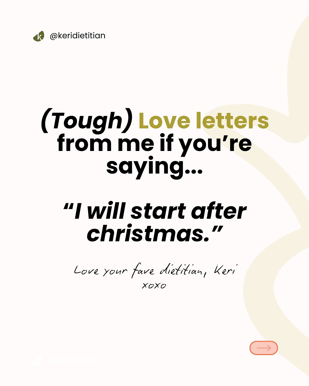 (Tough) Love Letter from Me !!! 💌
If you’re saying…
“I’ll start after Christmas.”
If any of this sounds like you 👇
— you go all in or all out
— you fall off after one “off” meal
— you feel like there’s no point starting now
Then you’re in luck 👀
Because I’ve got something exciting coming soon to help YOU finally break out of that all-or-nothing mindset and finish the year strong 💪
Stay tuned, this one’s for you. 💛