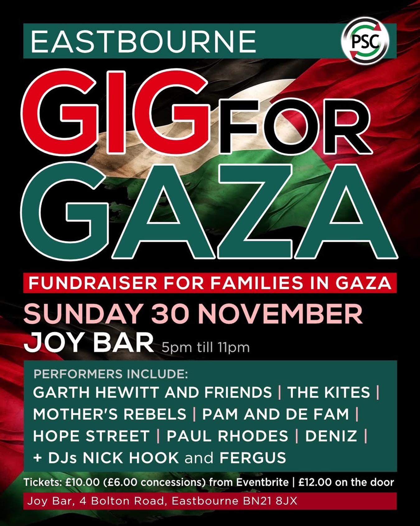I’m honoured to be DJing at the Eastbourne Gig for Gaza on Sunday, 30th November at the Joy Bar in Eastbourne.
An amazing lineup of bands, musicians, and DJs is coming together to raise funds for Palestinian families in Gaza. All artists are performing for free, sharing songs of hope, unity and love in support of families who have endured so much over the past two years…something NONE of us here, have any capacity to comprehend.
It’s a gig we all wish wasn’t necessary…
The lineup features Garth Hewitt and Friends, The Kites, Hope Street, Pam and De Fam, Paul Rhodes, Mother’s Rebels, Deniz, and DJs Nick Hook and Fergus.
Tickets are £10.00 (£6.00 concessions) and available on Eventbrite:
https://www.eventbrite.co.uk/e/eastbourne-gig-for-gaza-tickets-1963473717745
£12 on the door.
The event is organised by the Eastbourne Palestine Solidarity Campaign, and all proceeds will go directly to families in Gaza.
There will also be a raffle with great prizes, and donations are welcome at the door.
I hope to see some of you wonderful, compassionate souls on the day 🙏🏼
FREE PALESTINE 🇵🇸