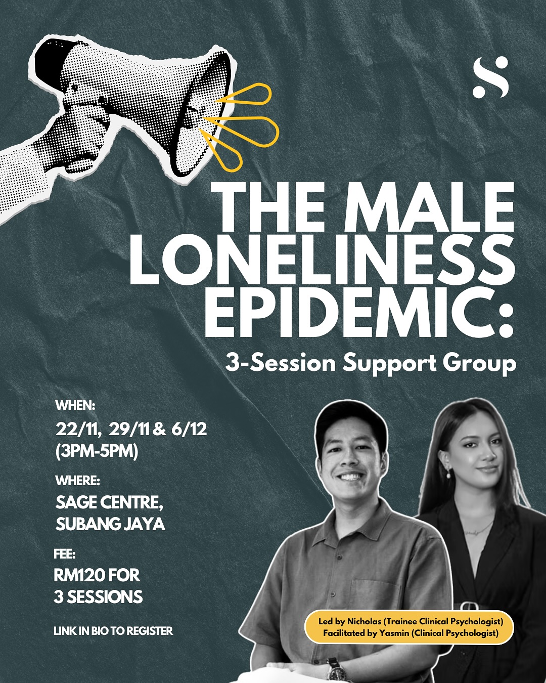 presents a safe space to talk about what’s often left unsaid - loneliness, disconnection, and the struggle to build meaningful relationships 🌿
Led by Nicholas Wong (Trainee Clinical Psychologist), The Male Loneliness Epidemic is a 3-session closed group that explores emotional awareness, communication skills, and purpose – grounded in evidence-based approaches like ACT and DBT.
While this group focuses on men’s experiences, it’s also open to anyone who wishes to better understand or support the men in their lives.
📅 22 Nov, 29 Nov & 6 Dec 2025
🕒 3PM – 5PM
📍 Sage Centre, Subang Jaya
💰 RM120 for all 3 sessions
Seats are limited, head to the link in our bio to register!
#MensHealth #MensMentalHealth #MentalHealthMalaysia #therapy
