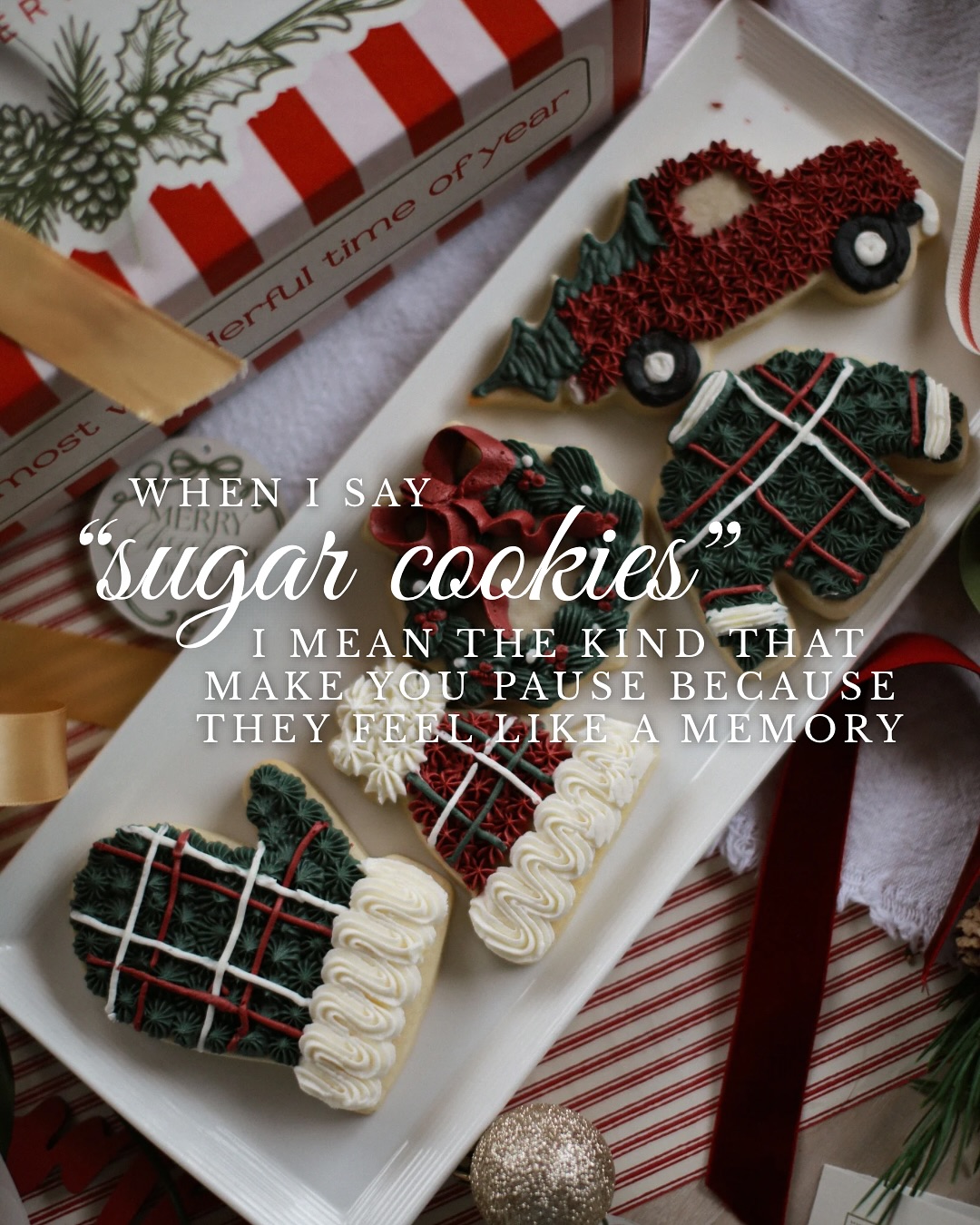 Old world greens and cranberry reds ♥️
Sweater textures your grandma might’ve knitted 🧶
A little wreath. A little mitten. A vintage truck hauling home Christmas cheer 🎄
Everything you loved about Christmas as a kid… baked into a box 🎁
#okotoksbakery #christmassugarcookies