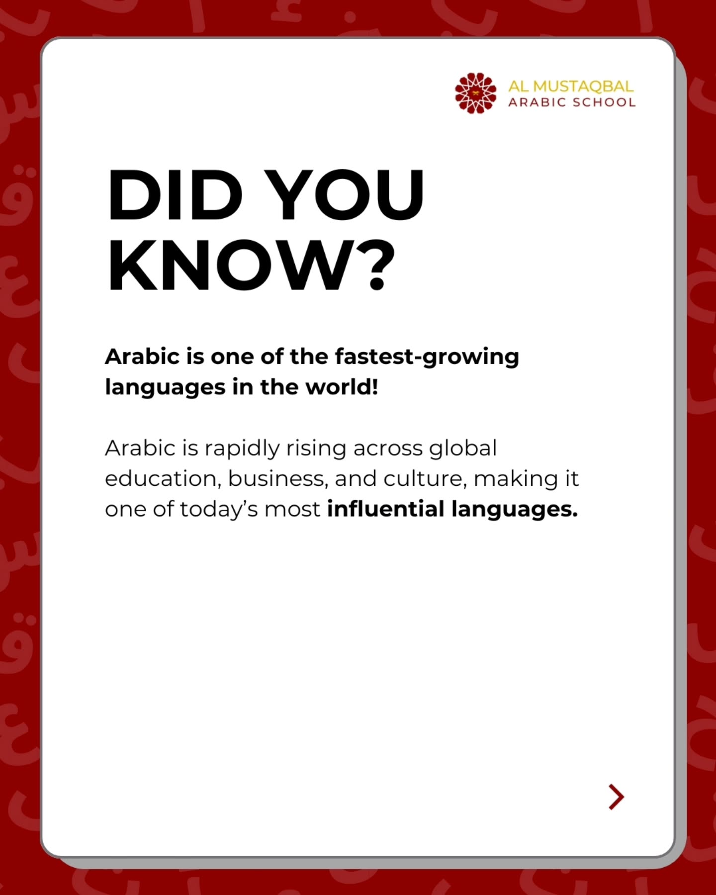 DM us now to enrol your child today! ✨
Give your child the gift of a powerful, globally influential language. Arabic is one of the fastest-growing languages in the world, essential for faith, culture and more!
#EnrolNow #ArabicSchool #GCSESuccess #LearnArabic #AlMustaqbal #mustaqbal #IslamicEducation #ArabicSchoolUK #Islam #ArabicLearning #MuslimParenting #IlfordMums #GantsHill #LondonMuslimFamilies #IslamicSchoolUK #ArabicForKids #NasheedNight #CommunityMatters #MuslimDad #ArabicJourney