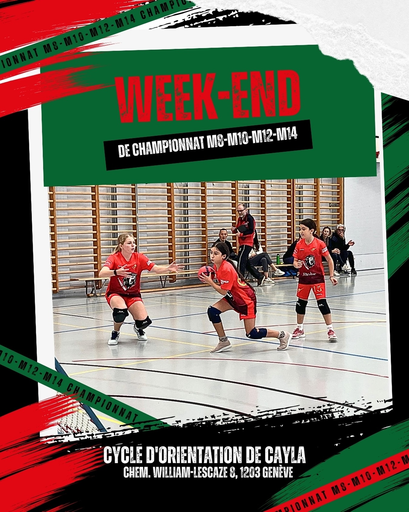 week-end de championnat M10 et M12 de la saison !
Nos équipes M8 - M10 - M12 - M14 se déplacent ce week-end 🤾♂️🔥
Ils vont tout faire pour donner le meilleur d'eux-mêmes.
Nous vous attendons nombreux sur place et dans les commentaires afin de soutenir la nouvelle génération et apporter votre énergie positive.💪
M8
📅 Date : samedi 22 novembre
🕖 Heure : 9h00 - 12h00
📍 Lieu : Cycle d'orientation de Cayla, Chem. William-LESCAZE 8, 1203 Genève
M10
📅 Date : dimanche 23 novembre
🕖 Heure : 9h00 - 12h00
📍 Lieu : Cycle d'orientation de Cayla, Chem. William-LESCAZE 8, 1203 Genève
M12
📅 Date : samedi 22 novembre
🕖 Heure : 12h00 - 15h00
📍 Lieu : Cycle d'orientation de Cayla, Chem. William-LESCAZE 8, 1203 Genève
M14
📅 Date : dimanche 23 novembre
🕖 Heure : 13h00 - 17h00
📍 Lieu : Cycle d'orientation de Cayla, Chem. William-LESCAZE 8, 1203 Genève
Rugissez au rythme du tchoukball ! 🏐
Allez Carouge 🦁