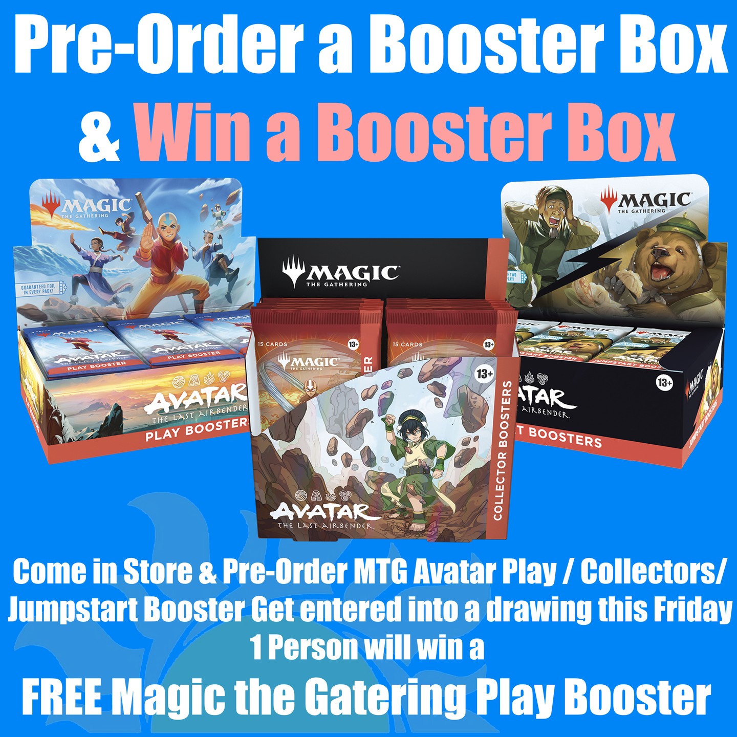 🔥 GIVEAWAY TIME at Haiku Pop Gaming & Collectibles! 🔥
We're celebrating the upcoming Magic: The Gathering x Avatar: The Last Airbender drop with a FREE Booster Box Drawing!
🎁 Win a FREE MTG Avatar Booster Box! 🎁
Here’s how to enter:
Place your pre-order IN-STORE for any of the following by 3PM Friday, Nov 14, 2025:
✔️ MTG Avatar Play Booster Box
✔️ MTG Avatar Collector Booster Box
✔️ MTG Avatar Jumpstart Booster Box
➡️ Each preorder = 1 entry into the giveaway!
🕕 We’ll draw the winner at 6PM FRIDAY NIGHT (Nov 14) — just in time for some serious bending battles!
📍 Come down to Haiku Pop and lock in your boxes. Let the elements guide your luck — and may the Avatar bless your pulls! ✨
#MTGAvatar #MagicTheGathering #AvatarTheLastAirbender #HaikuPopGaming #TCGGiveaway #PreOrderMagic #BoxBreak #BenderLuck