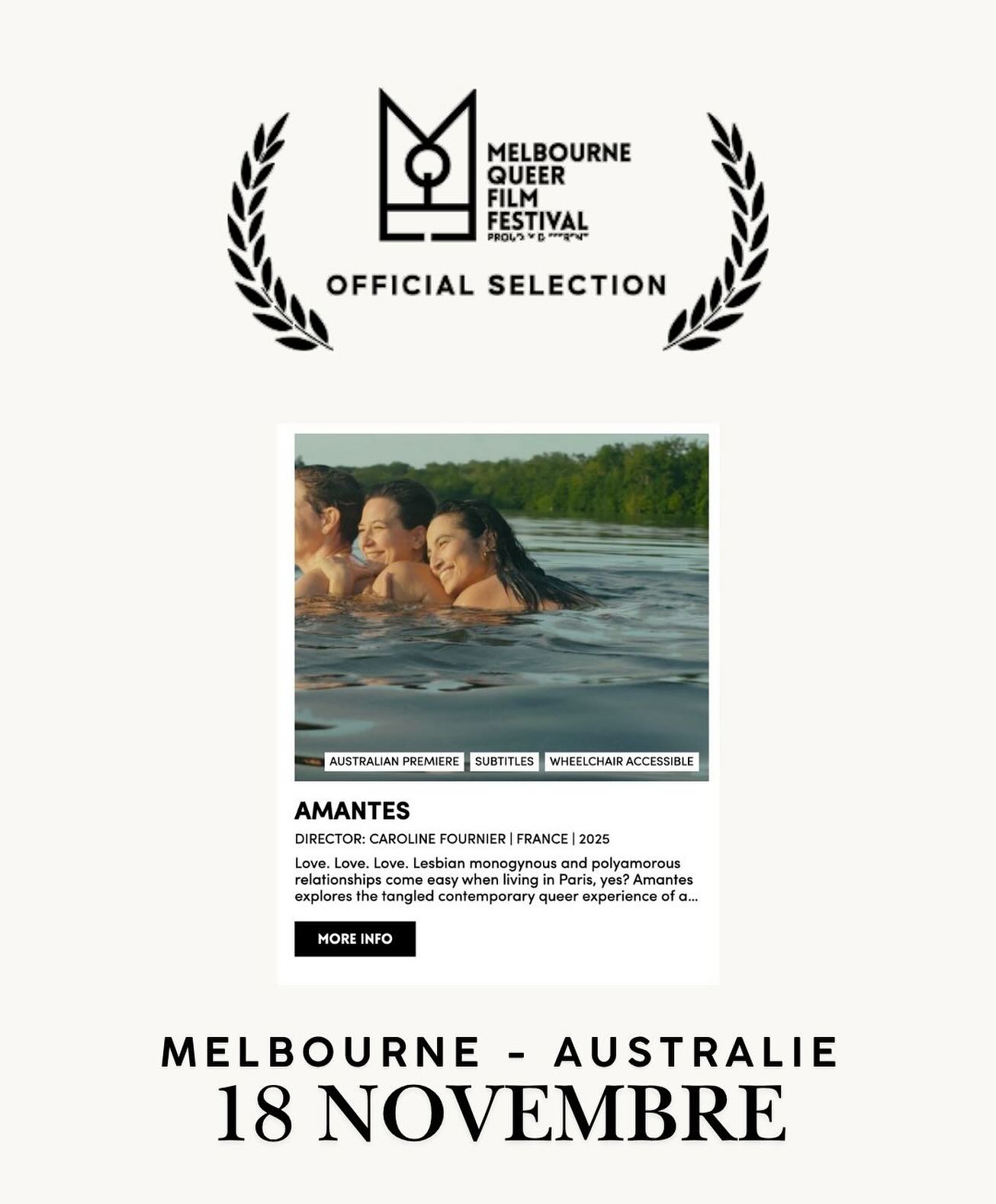 Aujourd’hui c’est la projection @melbqueerfilmfest 🥰🤩
Sold out a l’autre bout de la planète.
🙏🏻🙏🏻🙏🏻
Un rêve pour toute l’équipe !
#lesbian #romcom