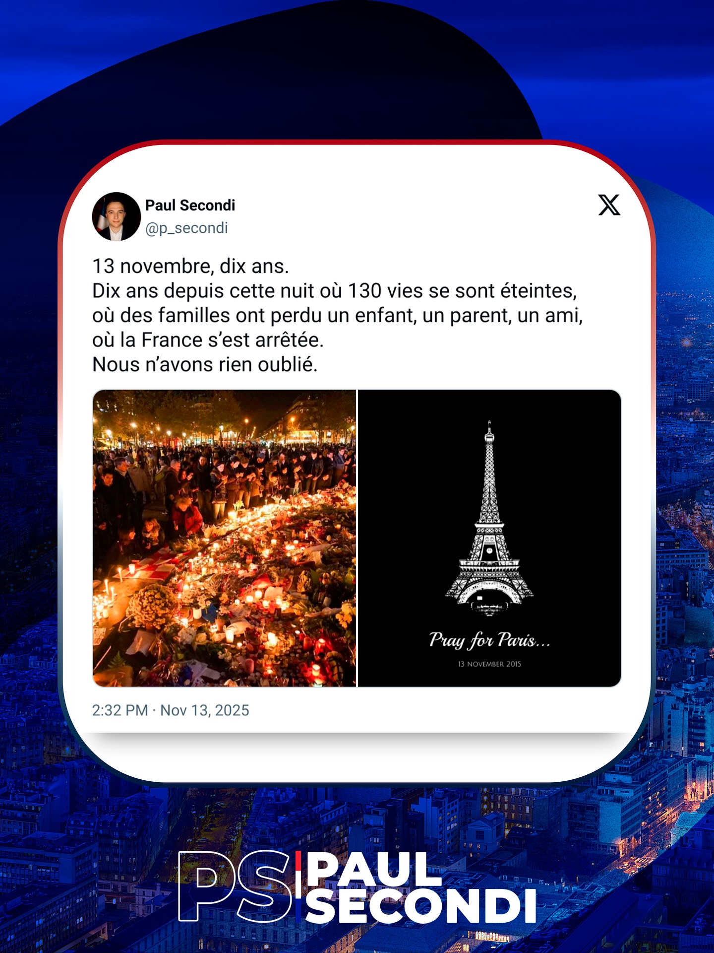 13 novembre 2015. Dix ans.🕊️🇫🇷
La France porte encore le poids des vies arrachées et des familles brisées.
D’autres drames sont venus ajouter de la douleur, de Nice à Magnanville, de Conflans à Arras, et chacun a laissé une trace.
Nous n’avons rien oublié, mais la mémoire seule ne suffit plus.
Un pays digne protège les siens, pour ceux qui sont partis et pour ceux qui restent, pour la France.
#13novembre