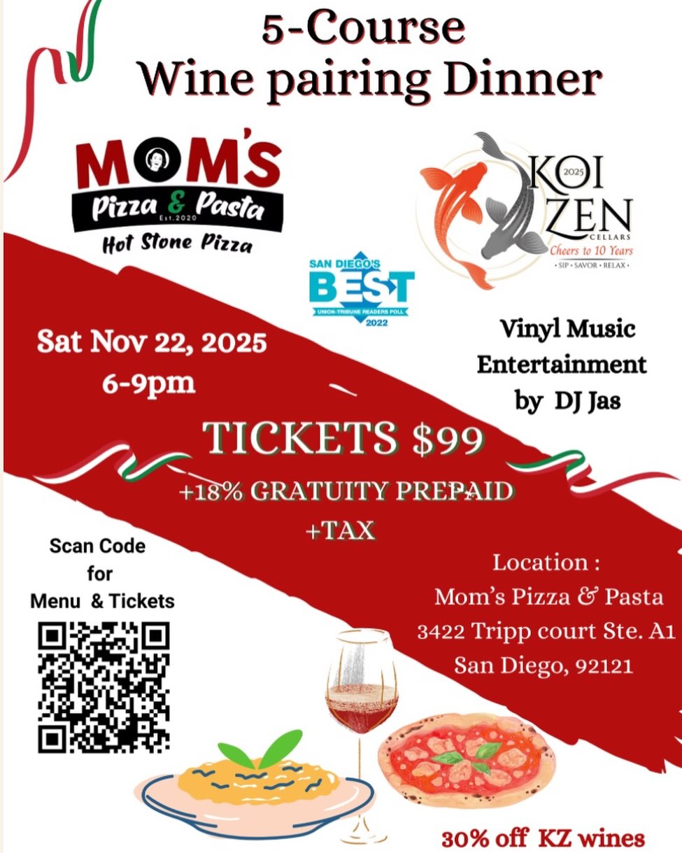 5 course dinner paired with Koi Zen Cellars wine, DJ Jas playing oldies, candlelight atmosphere 🥰 what a way to spend your Saturday 😱 join us 🥰
#pizza #wine #candlelight #family