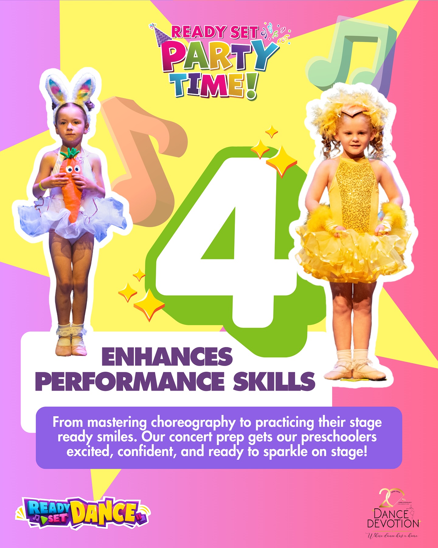 ✨ Benefit #4: Enhances Performance Skills! ✨
Performance skills begin developing long before the stage lights turn on. Through concert prep, preschoolers learn choreography, timing, expression, and how to present themselves with confidence.
Educationally, performance work supports:
🌟 Memory development: remembering steps and sequences
🌟 Motor skills: practising coordinated movement
🌟 Musicality: responding to music, rhythm, and timing
🌟 Expressiveness: using face and body language
🌟 Stage readiness: learning how to enter, perform, and exit with confidence
These skills strengthen both creativity and cognitive development, helping children shine in more ways than one!