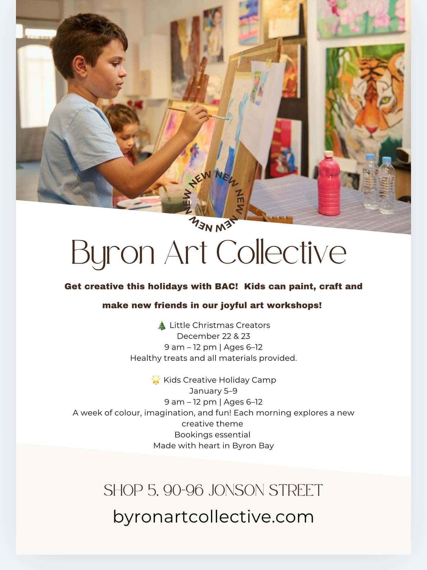 ⸻
As an artist and mum of four, my days have always been filled with paint-splattered tables, half-finished crafts, and little hands reaching for brushes. Creating with my kids has always been one of my happiest places — a moment where imagination takes over and the world feels soft and colourful again.
So getting to open my own space and run kids art workshops feels like such a full-circle moment for me.
A brand new chapter.
A dream I didn’t even realise I was quietly growing all these years.
I’m beyond excited to welcome little creators into the Byron Art Collective this December and January — to share the magic of art, play, connection, and confidence-building in a space made with so much heart. 💛🎨
Here’s to new beginnings, community, and raising the next generation of joyful makers. Please do check out the BAC website and book in to join me on one of these fun filled holiday workshops! www.byronartcollective.com
#ByronArtCollective #ByronBay #CreativityForKids #MumLifeMagic #ByronWorkshops #MumsWhoCreate #RaisingCreators #ByronBayArt #ArtWorkshopsForKids #MadeInByron