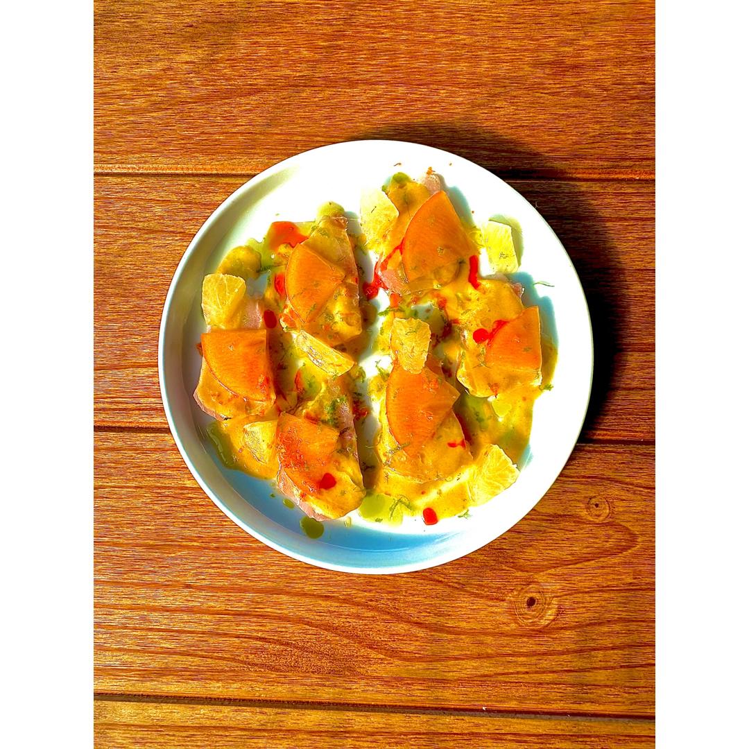 Cobia Crudo — pickled persimmons, pomelo, and brown-butter.
Bright, citrusy, rich, and brand new on the menu at Dr. Jones.