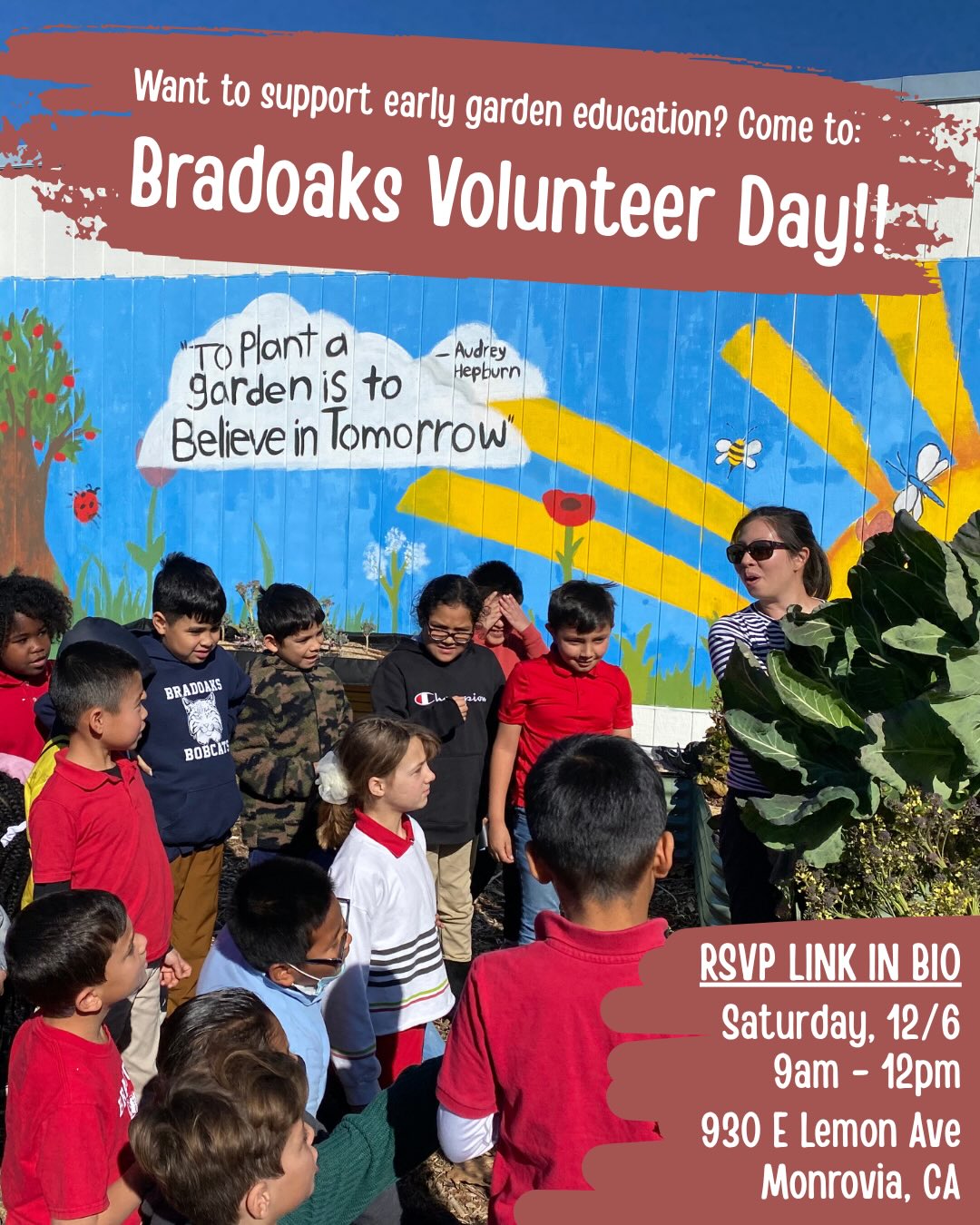 🌱 Want to help grow the next generation of garden learners? Come out to Bradoaks Volunteer Day! We’ll move mulch, connect with community, and keep the school garden flourishing.
📅 Saturday, 12/6 | 9am–12pm
📍 Bradoaks Elementary School
930 E Lemon Ave, Monrovia
🔗 RSVP in bio!