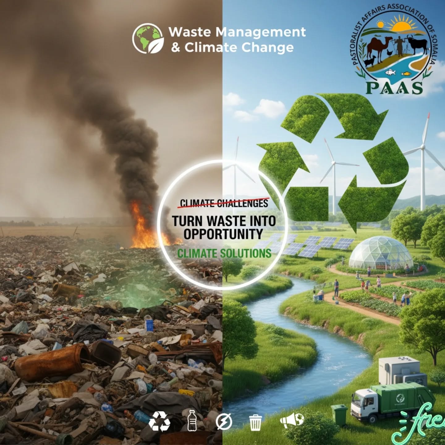 ♻️ Waste Management & Climate Change: A Call for Sustainable Action 🌍
Improper waste management is one of the silent drivers of climate change. When waste is not handled responsibly, it releases harmful greenhouse gases—such as methane and carbon dioxide—that contribute directly to global warming.
By improving how we reduce, recycle, and manage waste, we can significantly cut emissions and protect our environment for future generations.
🌱 Key steps towards a sustainable future:
Promote recycling and reuse at community and institutional levels
Reduce single-use plastics
Invest in clean waste collection and disposal systems
Support climate-smart policies and awareness campaigns
Every responsible action today brings us closer to a cleaner, safer, and more resilient planet. Together, we can turn waste into opportunity and climate challenges into climate solutions.
#PAAS