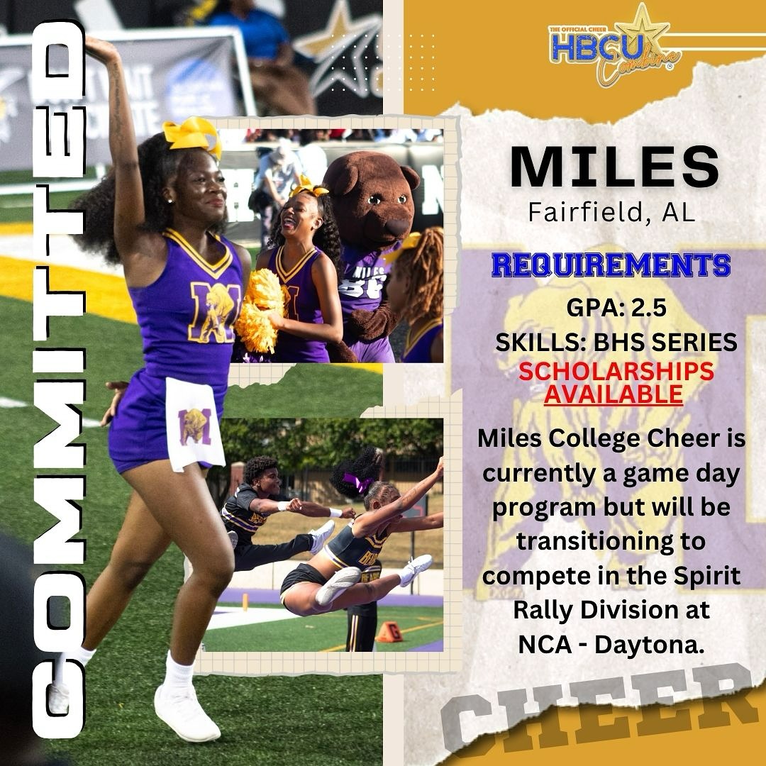 🔥 The momentum’s not slowing down! Next up, we’ve got the Miles College Golden Bears! 💛🐻 Known for their pride, precision, and powerhouse performances, Miles College is ready to meet the next generation of elite cheer talent.
Think you’ve got what it takes to wear the gold and purple? 👑
Step up, show out, and learn what it means to be a Golden Bear at the 4th Annual Cheer HBCU Combine on December 14, 2025.
#CheerHBCUCombine #MilesCollege #GoldenBears #HBCUCheer #CheerLegacy