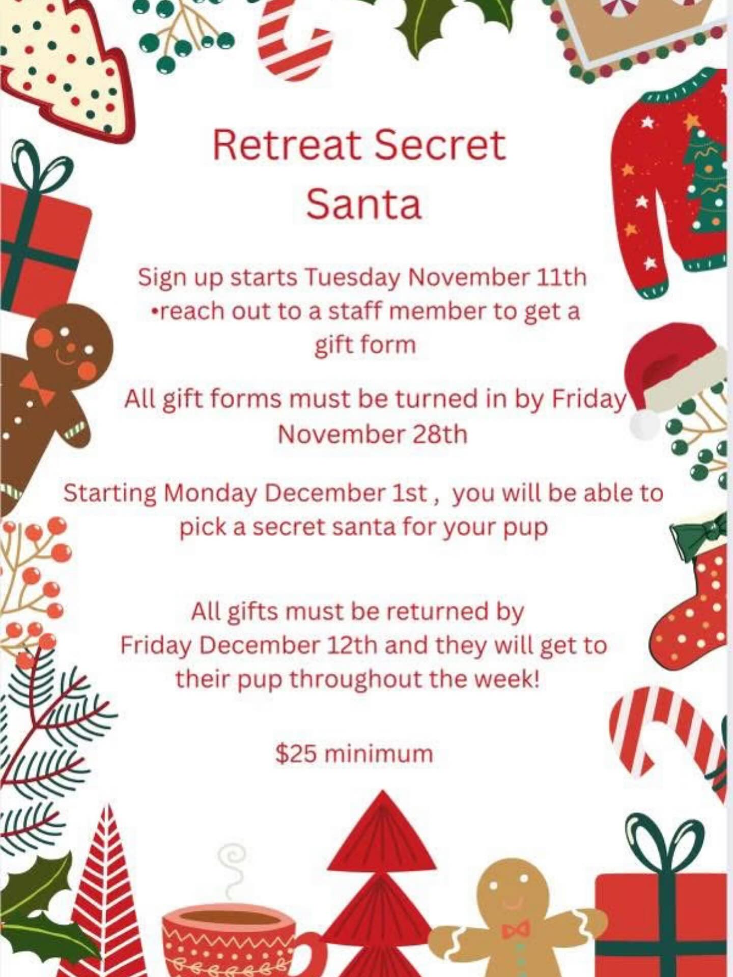 Don’t forget we are doing secret Santa! Stop by ReTreat to pick up a form!🐾🐶