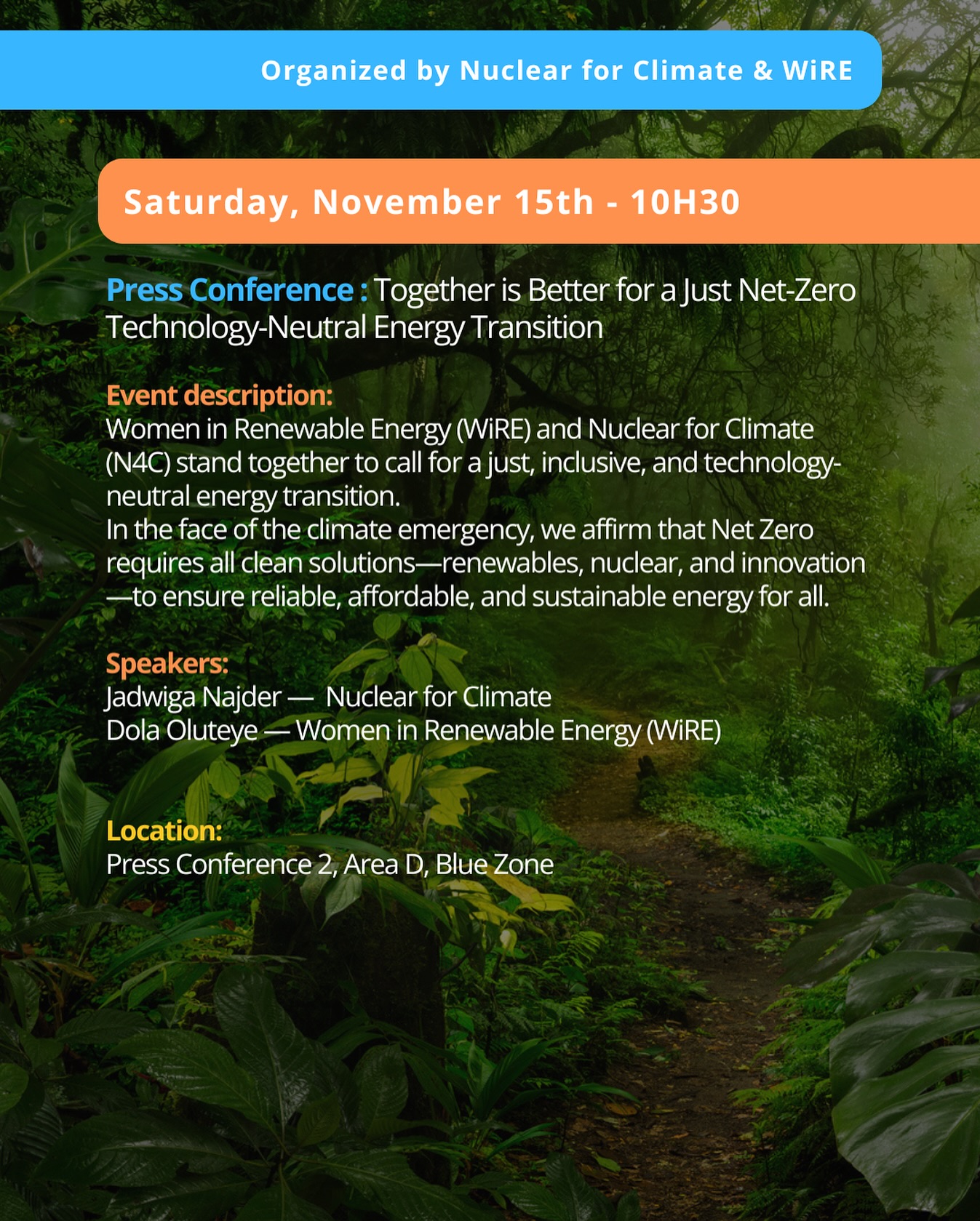 📢 TODAY – 10:30, Press Room 2: WiRE x Nuclear for Climate Joint Statement! ⚡️🌍
Nuclear for Climate and Women in Renewable Energy (WiRE) are unveiling their joint statement: “Together is Better for a Just Net-Zero Technology-Neutral Energy Transition.”
A strong, united message calling for an energy transition that is:
• Technology-neutral, combining the strengths of renewables and nuclear ⚛️🔆
• Just and inclusive, ensuring no one is left behind 🤝
• Built on technical realities, mobilising all scalable clean solutions 🛠️
• Designed for future generations, who will inherit the energy systems we build today 🌱
Join us at 10:30 in Press Room 2 for the official launch and insights from both organisations.
Together is better. ✨
#NuclearForClimate #WiRE #NetZero #CleanEnergy #EnergyTransition #JustTransition #ClimateAction #TechnologyNeutral #COP30