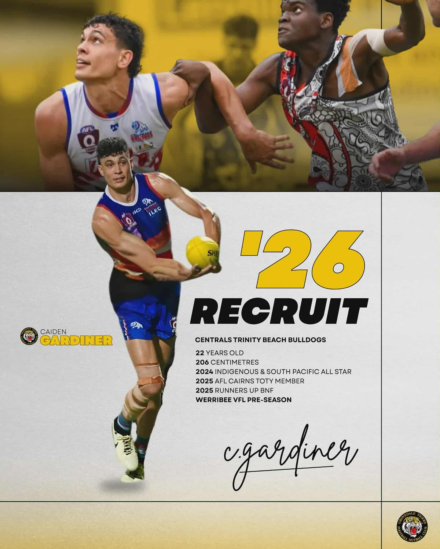 Huuuuge signing! Grovedale Tigers welcome 22yo, 206cm ruckman Caiden Gardiner for 2026. Caiden has just moved to Geelong from Cairns where he was a Team of the Year member in 2025 & runners up in his club’s B&F. Welcome Caiden!