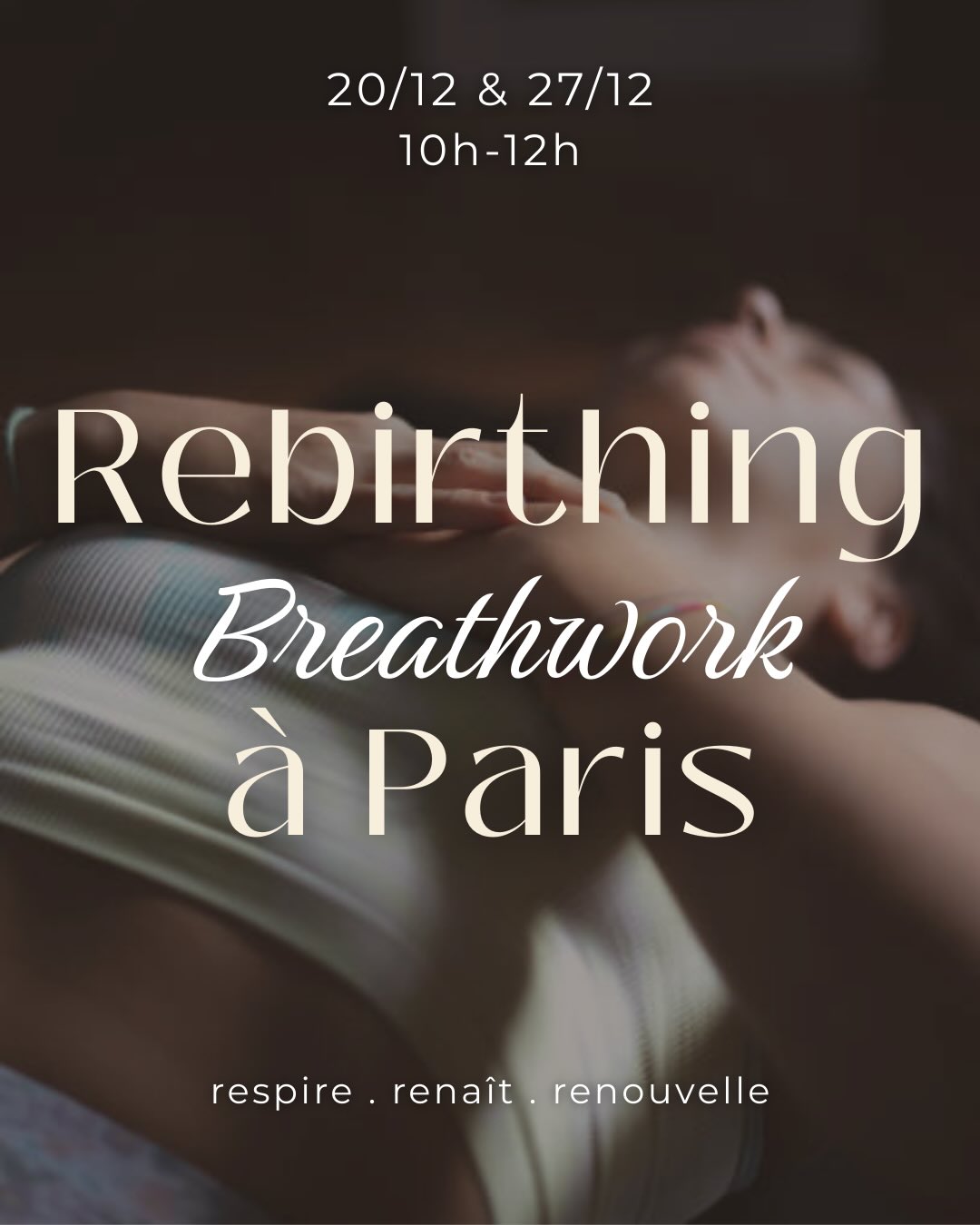 Hello mes parisiens 🫶
Je suis ravie de vous inviter à venir à vous (re)connecter à votre respiration lors de sessions de Rebirthing Breathwork, une pratique qui m’a profondément servie et pour laquelle je suis infiniment reconnaissante.
À Paris, nous nous retrouverons pour 2 samedis : 20 & 27 décembre pour finir l’année en beauté !
(Déjà plus que 2 places pour le 20/12!)
Hâte de partager cette expérience unique avec vous !
Pour toutes questions et booking, écrivez-moi en
privé. 🫂