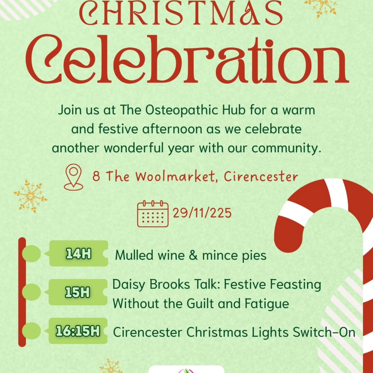 ✨ It’s that magical time of the year again!
Join us at The Osteopathic Hub in the heart of Cirencester for a warm and joyful afternoon celebrating another wonderful year with our lovely patients and community.
🎙 Special Guest Speaker – Daisy Brooks
Registered Naturopathic Nutritional Therapist
Daisy will be sharing her expertise and festive wisdom with our clients and the beautiful Cotswolds community, helping you discover ways to enjoy the season’s delights while keeping your energy high and your mood bright.
🍷 Drop in from 2pm for mulled wine and mince pies
🗣 Talk at 3pm: Festive Feasting Without the Guilt and Fatigue
🎆 Christmas Lights Switch-On at 4:15pm – make a day of it!
🎁 Complimentary 15–20 min personalised mini-appointments with Daisy available upon request.
📲 Message us on WhatsApp: 07542 323 575
Let’s celebrate health, happiness and togetherness this festive season.
👉Follow us to understand your body better... The Osteopathic Hub for you and your family!
📍 The Osteopathic Hub, 1a The Woolmarket, Cirencester, GL7 2PR
#TheOsteopathicHub #Cirencester #Cotswolds #ChristmasEvent #FestiveSeason #HealthyLiving #Osteopathy #NaturopathicNutrition #CommunityCare #ChristmasInCirencester #CotswoldsLife