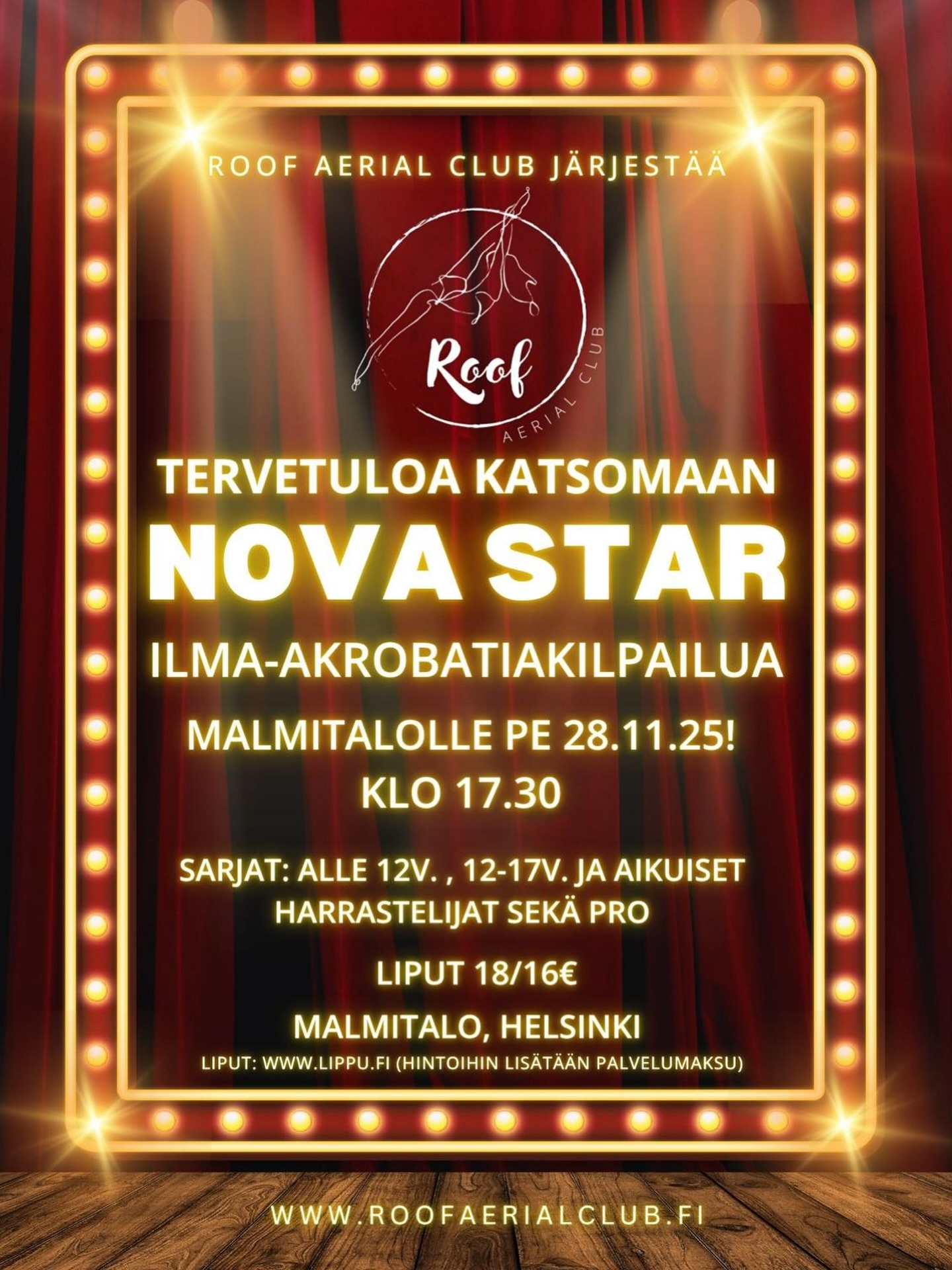 NOVA STAR ILMA-AKROBATIAKILPAILU 28.11. 🌟
Tervetuloa seuraamaan toista kertaa järjestettävää Nova Star ilma-akrobatiakilpailua Helsingin Malmitalolle!
Tapahtuma järjestetään perjantaina 28.11. Klo 17.30.
Mukaan kilpailemaan on ilmoittautunut huimat 31 osallistujaa!
Tässä kilpailussa saat nauttia ilma-akrobatiataituruudesta koko illan ajan! Kisaajat saapuvat Malmitalolle ympäri Suomen ja kisassa nähdään niin lasten kuin aikuistenkin sarjat.
Tervetuloa seuraamaan Nova Staria! 🌟
Liput myynnissä lippu.fi
#novastarkilpailu #ilmaakobatia #tapahtuma #malmitalo #tekemistä