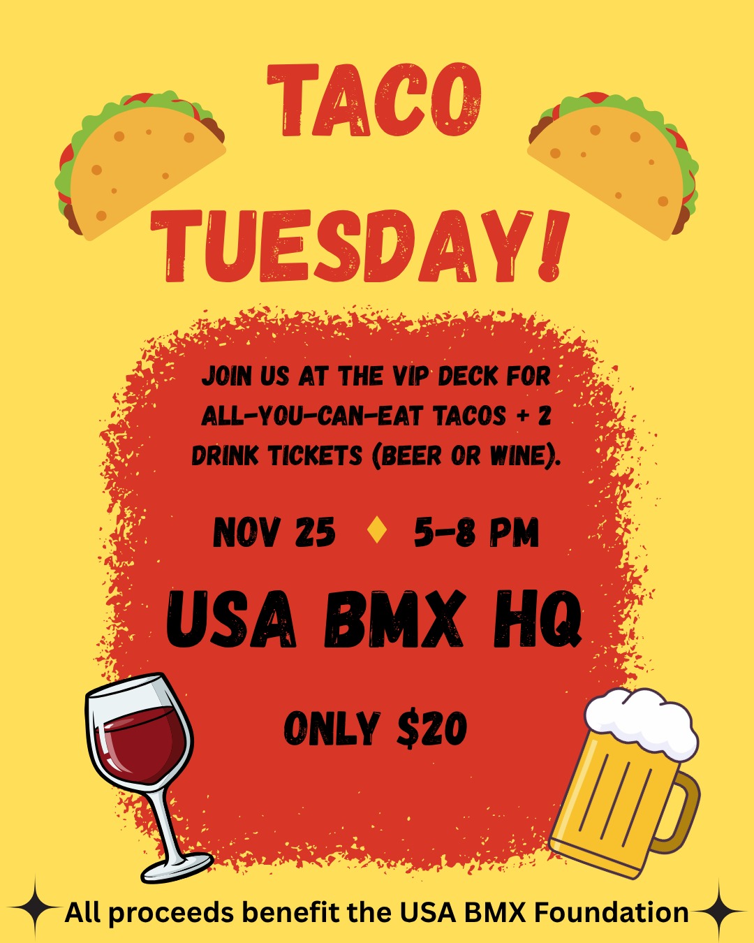 🎉 Grands Week is almost HERE ! 🙌
Join us for a week of food, fun, and BMX community, all supporting the USA BMX Foundation and our mission to empower youth through BMX + STEAM education.
🌮 TACO TUESDAY: Nov 25 | 5–8 PM
$20 all-you-can-eat tacos + 2 drink tickets 🍻
🎟️ usabmx.ticketspice.com/taco-tuesday-2025
☕ COFFEE WITH THE PROS: Wed Nov 26 | 9–10 AM
Hang out with BMX legends + enjoy coffee provided by Doubleshot ☕🥐
🎟️ usabmx.redpodium.com/coffee-with-the-pros-2025
🎬 MOVIE NIGHT: Wed Nov 26 | 6:30–8:30 PM
Pizza + “The Ride” ft. Ludacris at the Hall of Fame 🍕🎥
🎟️ usabmx.ticketspice.com/bmx-movie-night
🦃 THANKSGIVING DINNER: Thurs Nov 27 | 4–6 PM or 6–8 PM
Celebrate with the BMX family at HQ ❤️
🎟️ usabmx.redpodium.com/thanksgiving-dinner-2025
Grab your tickets now!
Every event fuels our mission to inspire kids through BMX + STEAM.