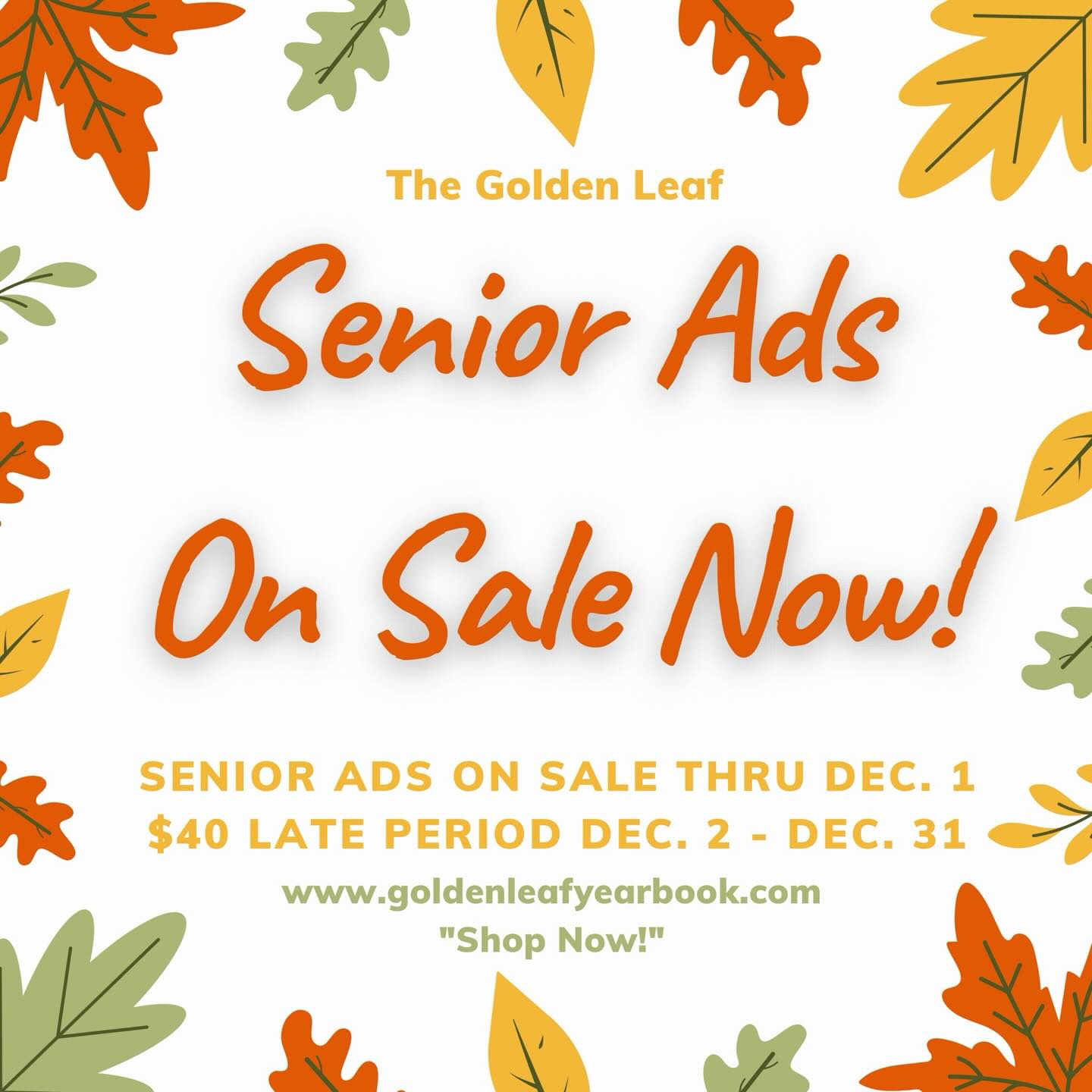 Donโt forget to buy a Senior Ad to be put in the yearbook. You can buy it for a senior or even a friend group! ๐ป