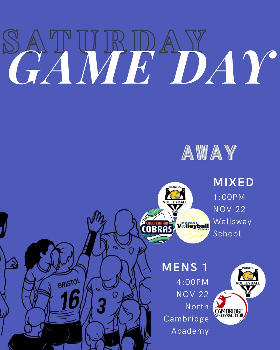 💛 GAME DAY ALERT 💙
Another full weekend of volleyball is coming up for our Bristol VC teams.
With every team on the road this weekend, let’s keep the support strong from wherever we are.
SATURDAY — AWAY
📅 Nov 22
Mixed Team — B&D League
📅 Nov 22
Men’s 1 — NVL Division 1
SUNDAY — AWAY
📅 Nov 23
Men’s 1 — NVL Division 1
📅 Nov 23
Ladies 2 — NVL Division 3
📅 Nov 23
Ladies 1 — NVL Division 1
Volleyball weekend is on — follow along for all the action 👀🔥💛💙
.
.
.
#bristolvc #volleyballengland #gameday #bristolvolleyballclub #BVC #volleyballuk #sport #volleyball #bristol #bristolsport #BVCGameDay