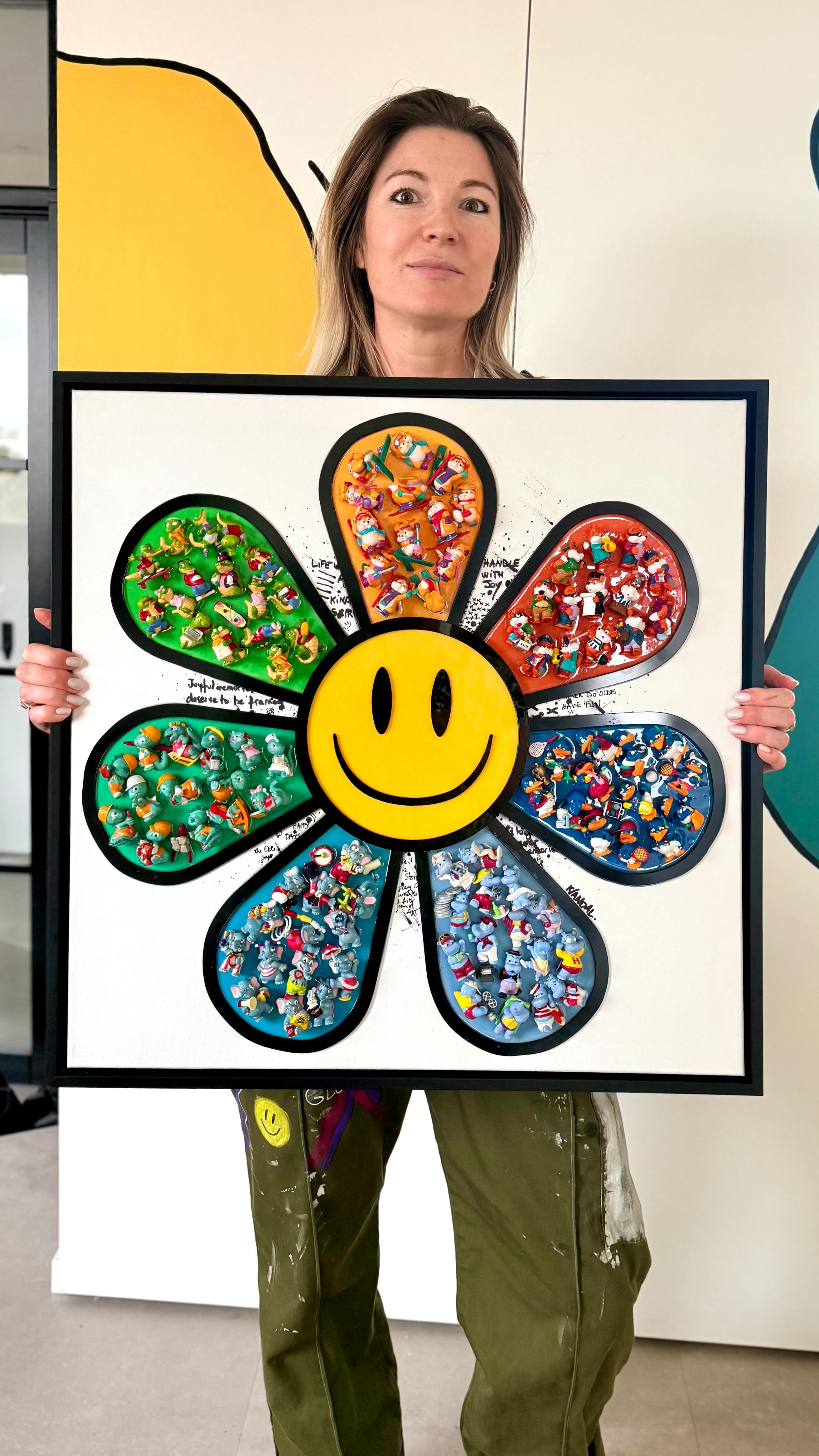 New happy dais’ with 100 vintage kinder surprise toys from the 90’s Ready to be delivered.
This piece was commissioned based on my signature happy flower series. With some added writing. I like this addition.
#Katvandal #happyart #daisyart #kindersurprise #vintagetoy #neopopart