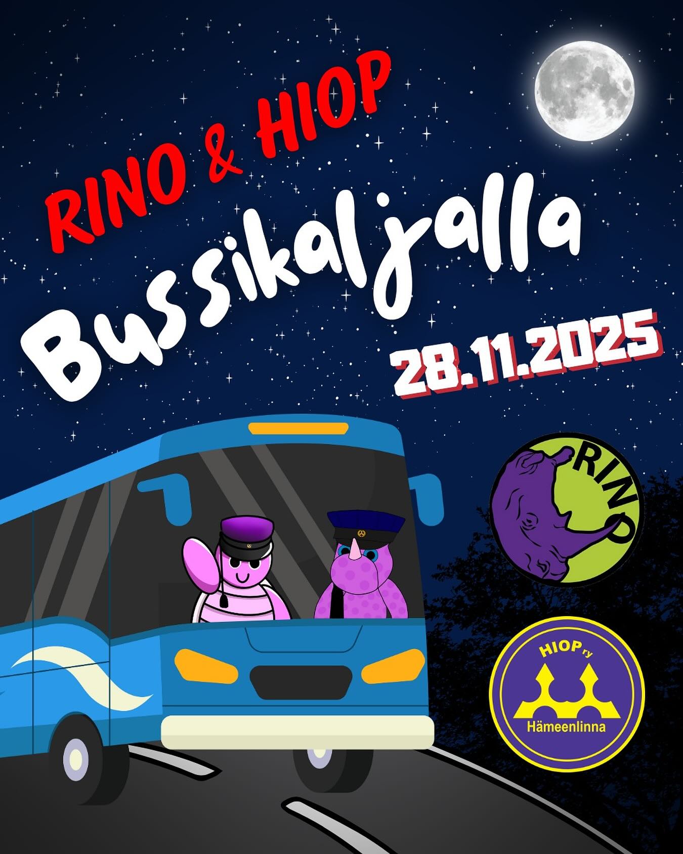 RINO & HIOP Bussikaljalla! 🍻 English in the comments!
Supersuosittu Bussikaljalla saapuu taas! 🚌🍺Tänä vuonna järjestämme tapahtuman yhdessä Riihimäen Insinööriopiskelijat RINO ry:n kanssa! 🐢🦏
Mikä ihmeen Bussikalja? 🤔
Ota omat juomat mukaan ja hyppää bussin kyytiin! Bussi kiertää lähiseudun kuppiloita ja pubeja, joista saat leimoja ostamalla juomia. 🍻 Tapahtuma suoritetaan siis approtyylisesti, ja kerättyäsi kaikki leimat, saat haalarimerkin. 🤩
Bussi lähtee Hämeenlinnasta ja poimii innokkaat bussikaljoittelijat mukaan Riihimäeltä. Bussi kiertää salaisen reitin, ja illalla tapahtuman jatkot pidetään Riihimäen Jolenessa. 🥳
MITÄ: RINO & HIOP Bussikaljalla
MILLOIN: Perjantaina 28.11.2025
- Hämeenlinna klo 15:15
- Riihimäki klo 15:45
MISSÄ:
- Hämeenlinna Linja-autoasema, Eteläkatu 1, 13100, Hämeenlinna
- HAMK Riihimäen kampus, Kaartokatu 2, 11100, Riihimäki
KENELLE: Kaikille opiskelualasta riippumatta
Liput:
- Jäsen (HIOP/RINO/IOL): 14 €
- Ei-jäsen: 19 €