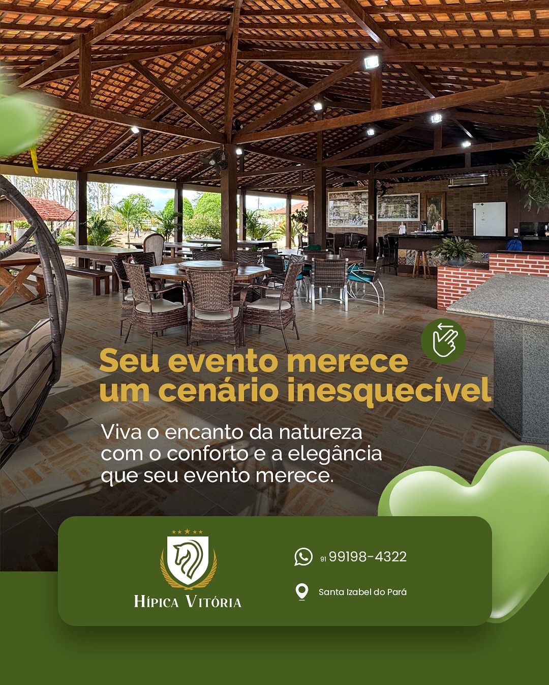 O lugar ideal para o seu evento está aqui!
Na Hípica Vitória, você encontra estrutura, conforto e contato com a natureza em um só espaço.
Perfeita para eventos sociais e corporativos, a Hípica oferece:
Pistas de hipismo
Lago com passeio de canoa e pedalinho
Passeio de cavalos e baias
Pista off-road
Amplo salão de eventos
Vestiários completos
Uma ampla área verde para viver momentos inesquecíveis
Agende sua visita e descubra um cenário único para o seu evento: hipicavitoria.com.br
