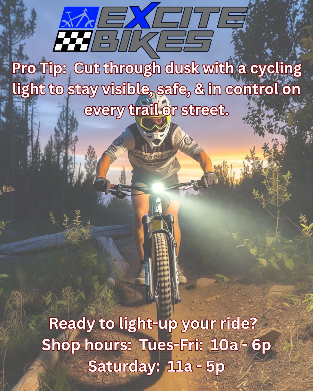 Every adventure deserves to shine — day or night!
🚴♂️ Our high-performance bike lights cut through dusk like daylight, keeping you visible, safe, and in control on every trail or street.
Ready to light up your ride?
👉 Swing by the shop to find the perfect light for your bike.