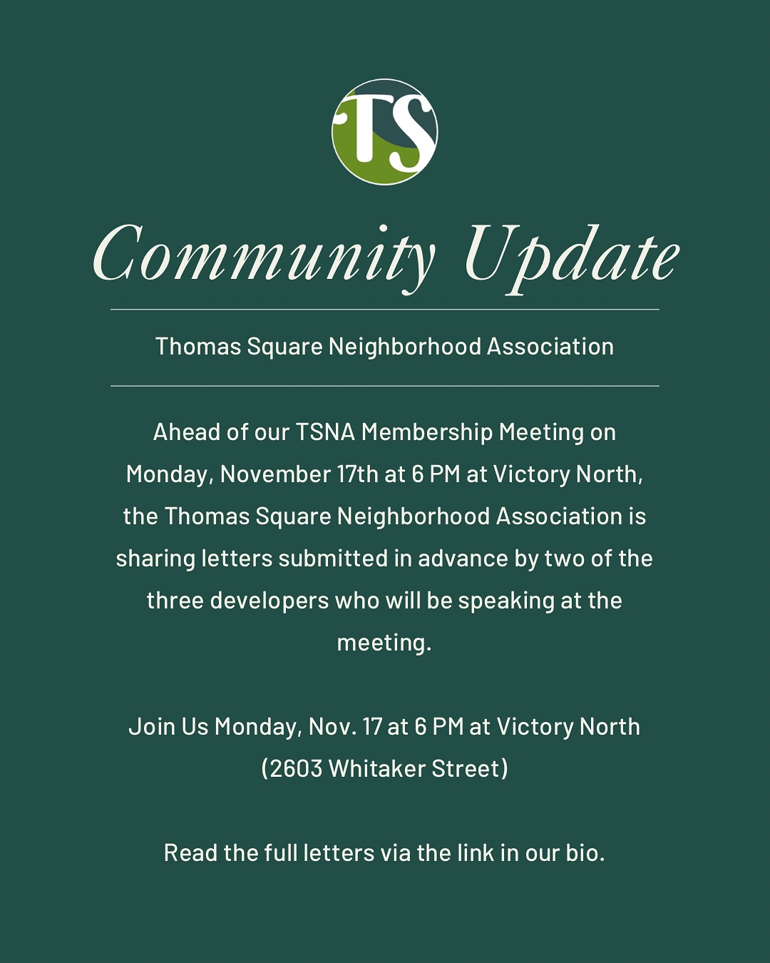 📣 Thomas Square Neighbors — Community Update
Ahead of tomorrow night’s TSNA Membership Meeting, we’re sharing letters submitted by two of the three invited developers who will be speaking. These letters were provided directly to the TSNA and are being shared exactly as received to support transparency and help neighbors prepare for the discussion.
As a volunteer-led, nonpartisan, nonprofit neighborhood association, our role is to share information, create space for dialogue, and help residents stay informed about issues impacting Thomas Square. We do not hold regulatory authority to approve or deny projects; instead, we gather community feedback and communicate neighborhood perspectives to city decision-makers.
You can read both letters at the link in our bio.
📅 TSNA Membership Meeting
🗓 Monday, Nov 17
⏰ 6 PM
📍 Victory North (2603 Whitaker St.)
🍱 Food catered by: @thesextonpub
🍷 Venue and Refreshments by: @victorynorthsavannah
City officials, MPC staff, and all invited developers will participate in a moderated Q&A. We encourage all neighbors to attend, ask questions, and stay engaged.
#ThomasSquare #SavannahGA #TSNA #CommunityMeeting #NeighborhoodUpdate #StarlandDistrict