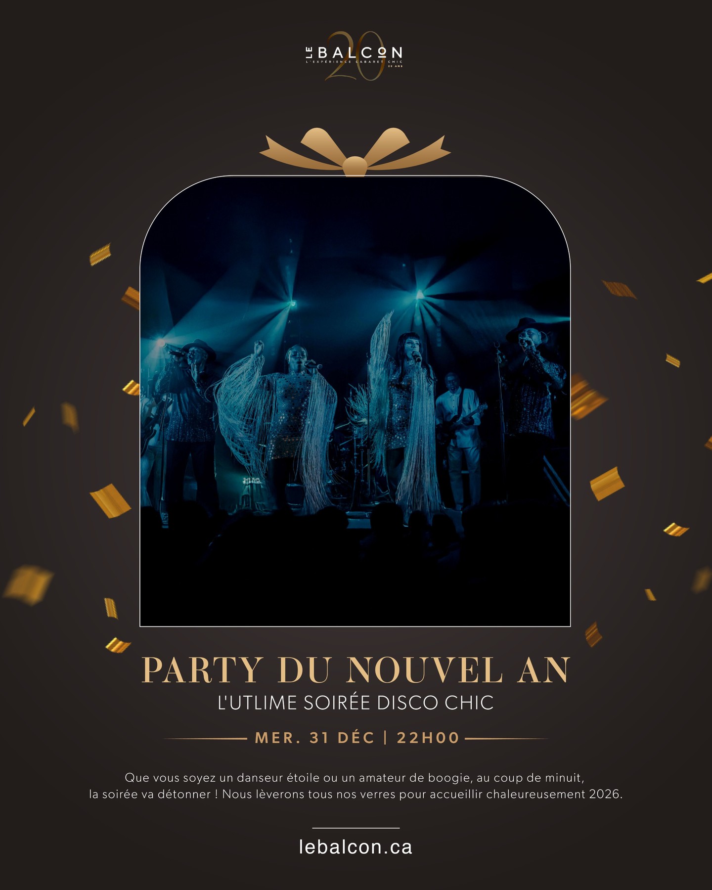 La fête DISCO CHIC du Nouvel An de Le Balcon arrive sur scène le mercredi 31 décembre à 22 h — une soirée de paillettes, de groove et de vibes inoubliables ! Ne manquez pas la magie du compte à rebours — 🎟 procurez-vous vos billets dès maintenant sur lebalcon.ca et dansez vers 2026 avec style !
Le Balcon’s DISCO CHIC New Year’s Eve Party hits the stage Wednesday, Dec 31 at 10 PM — a night of glitter, groove, and unforgettable vibes! Don’t miss the countdown magic — 🎟 get your tickets now at lebalcon.ca and dance your way into 2026 in style!
#LeBalcon #NYE2025 #DiscoChic #VieNocturneMTL #FêteDuNouvelAn