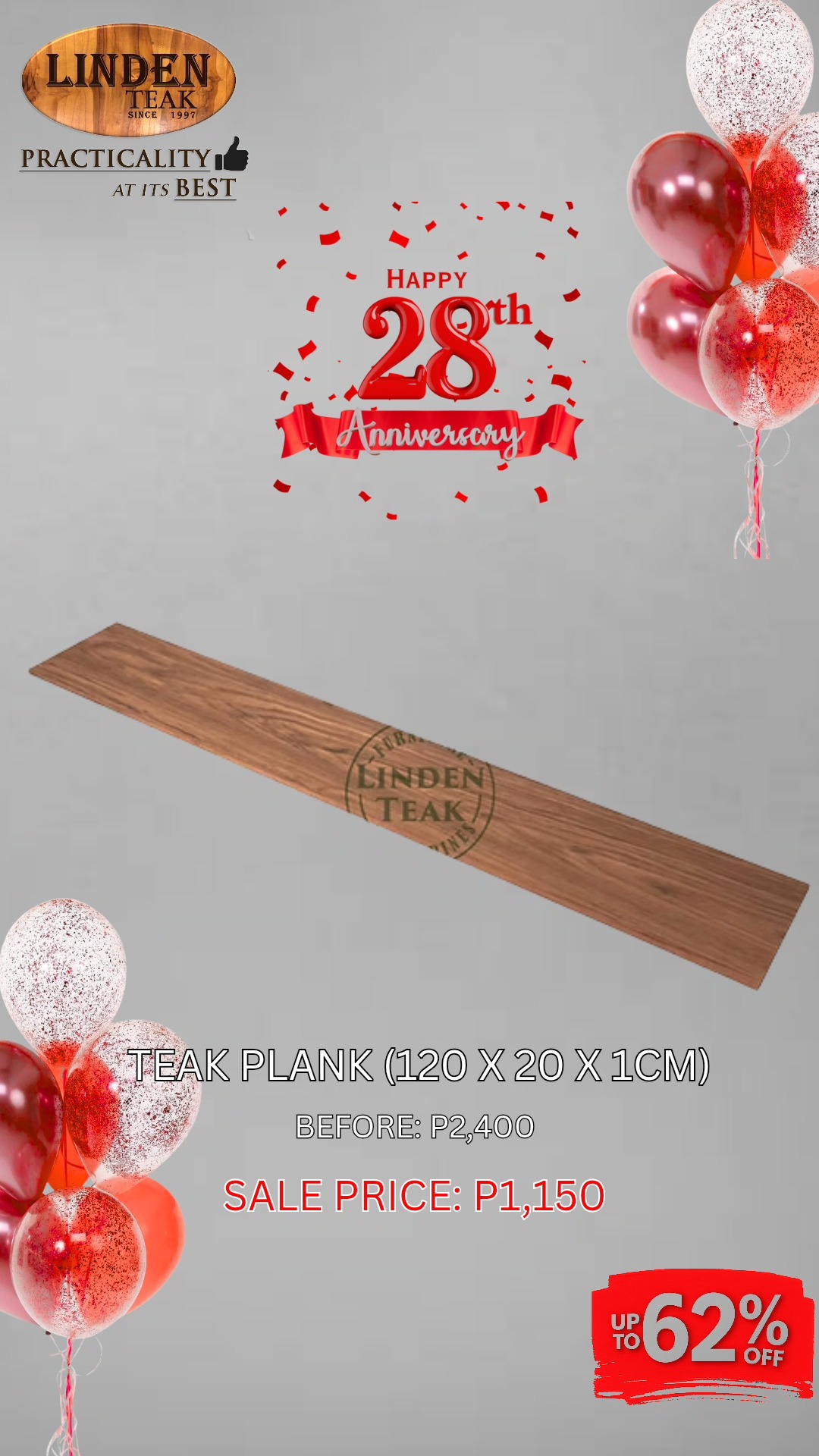 🎉 Celebrating Our 28th Anniversary!
This month only, enjoy up to 62% OFF on select construction products—our biggest savings of the year! Plus, get a free on-site ocular inspection and quotation.
We also offer free design consultations and 3D drawings for customized orders, along with free delivery in select areas.
Visit our stores to explore over 500 actual items on display, or browse online at www.lindenteakfurniture.com.