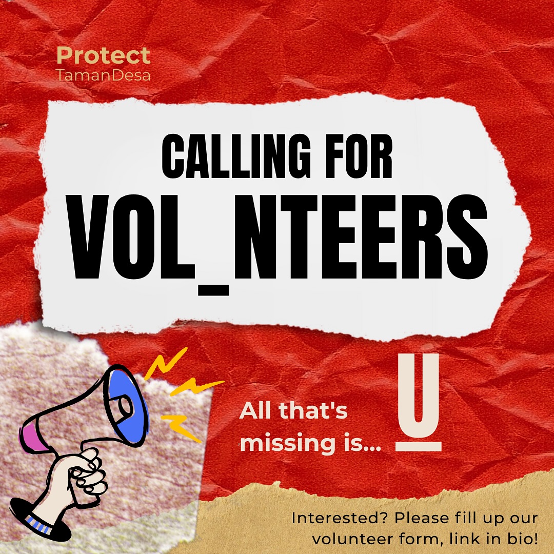Are you the โUโ we are missing?
Calling for more volunteers to join our little effort in saving Taman Desaโs green spaces, please fill up the volunteer form In our profile and tell us about yourself!
.
We are a small group of people looking to do big things, and with your help, letโs make these big things come true ๐
.
๐๐ฐ๐ฐ๐ผ๐๐ป๐ ๐ก๐ฎ๐บ๐ฒ: Thomas Philip (Client Account)
๐๐ฐ๐ฐ๐ผ๐๐ป๐ ๐ก๐ผ: 5147 2130 0757 (Maybank)
๐ฃ๐ฎ๐๐บ๐ฒ๐ป๐ ๐ฅ๐ฒ๐ณ: Protect Taman Desa
๐ฃ๐ฎ๐๐บ๐ฒ๐ป๐ ๐๐ฒ๐๐ฎ๐ถ๐น: Your name (optional)
.
#ProtectTamanDesa #TamanDesa #KualaLumpur #GreenSpaceMatters #ProtectPublicLand #tamandesaplayground #volunteer