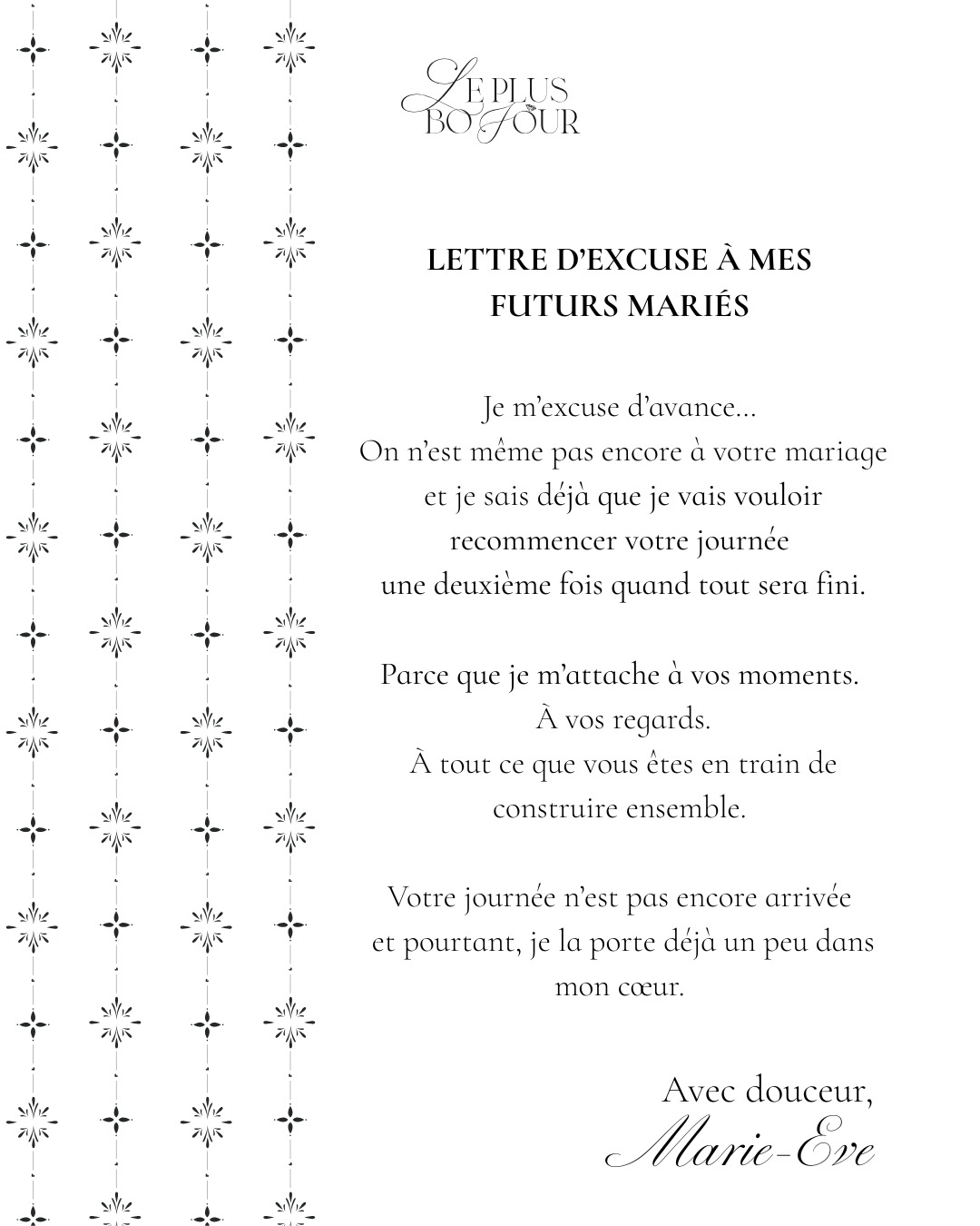 Chaque couple que j’accompagne me touche à sa manière, bien avant que la journée arrive.
Chaque rencontre, chaque détail, chaque émotion qu’on prépare ensemble…
je le ressens autant que vous.
Merci de me laisser entrer dans votre histoire. 🤍