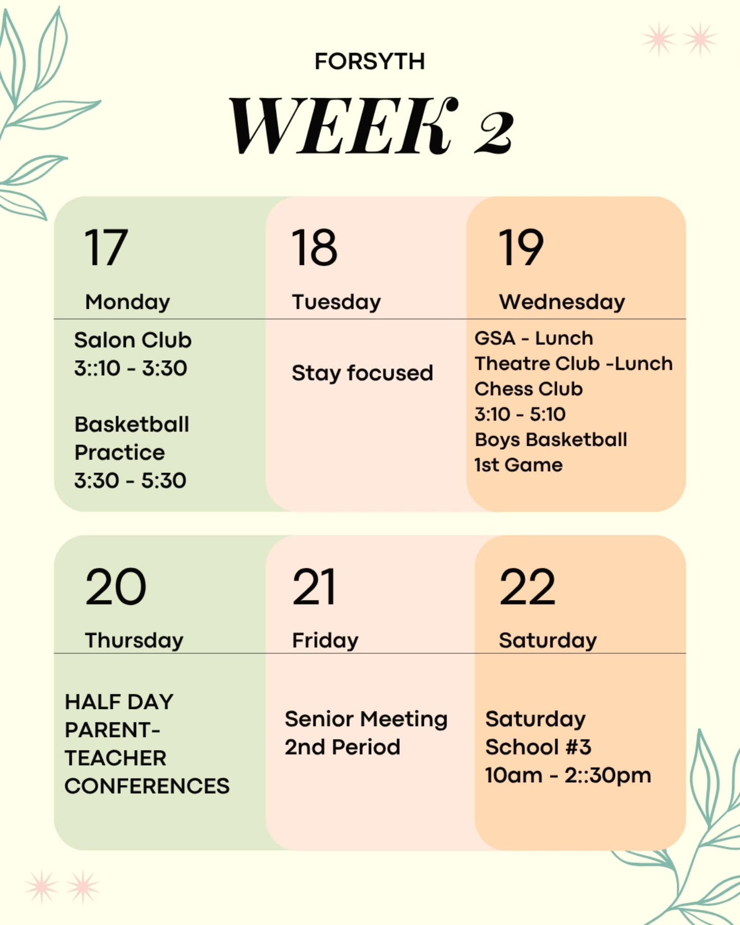 Hey Forsyth! It's week 2! Time to really lock in. This week on Monday, the Salon Club will meet at 3:10 and the Basketball team has practice at 3:30. On Wednesday, both GSA and the Theatre Club will meet during lunch, and after school, the Chess club will meet. Also on Wednesday after school is the Boys Basketball Team's 1st game of the season. Thursday is a half day for students, so that we can prepare for Parent-Teacher Conferences. On Friday there will be a senior meeting during 2nd period, and on Saturday we will be holding our 3rd Saturday school.
Remember Forsyth, lock in and stay focused in all of your classes. You've got this!
#week3 #forsythsatelliteacademy #highschool #nyc #schoolisfun #nycpublicschools #experientiallearning #transferhighschool #alternativeschool #consortiumschool #saturdayschool #fsa #cycle2 #salonclub #gsa #basketball #practice #gsa #theatreclub #chessclub #boysbasketball #firstgame #halfday #parentteacherconferences #seniors #seniormeeting #saturdayschool #lockin #lockedin #stayfocused
