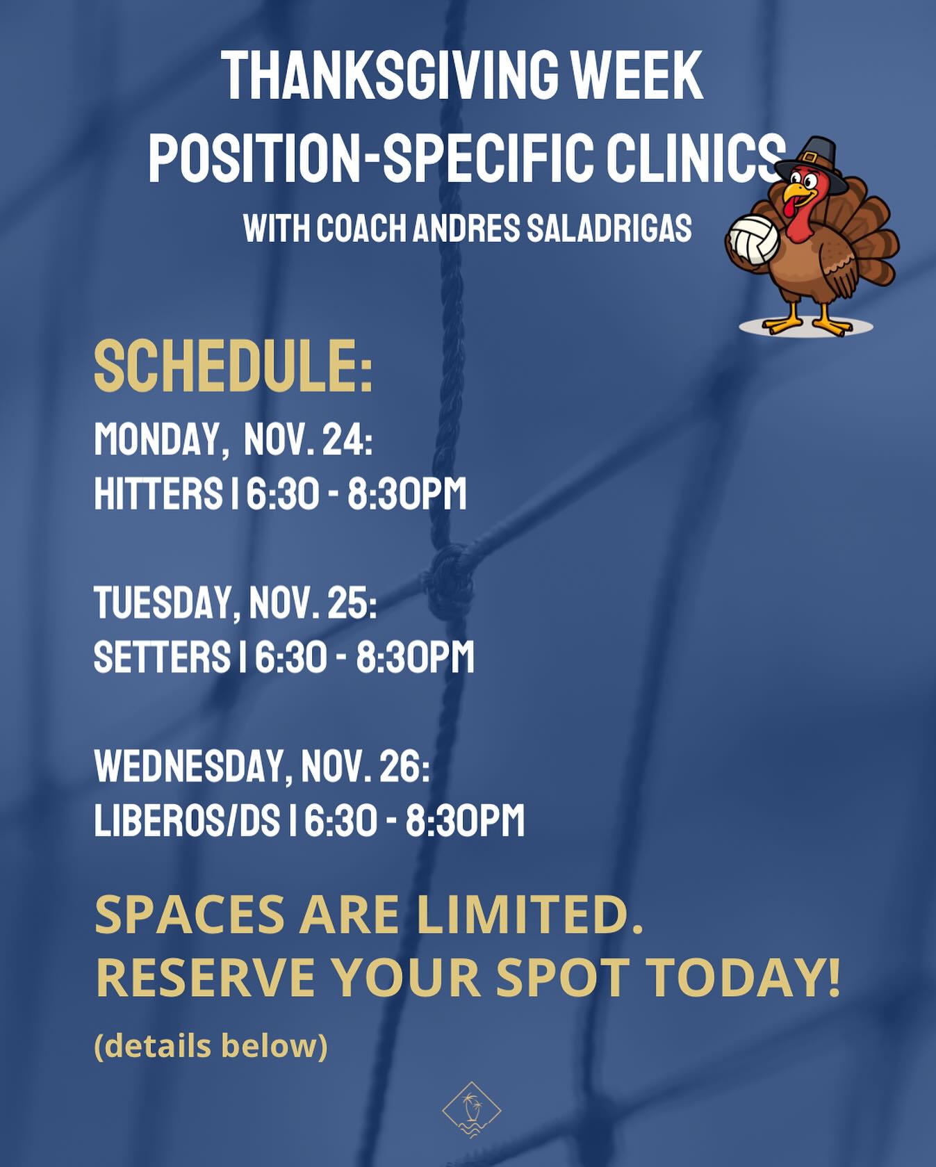 Join our Assistant Club Director & Coach, Andres Saladrigas, for a special week of volleyball intensives. These small-group sessions are designed to provide personalized training and focused skill development! ๐
Cost: $45 per class
Reserve your spot today by texting (305) 801-6225.
Coach Andres will also be offering private lessons this week! If youโre interested in 1-on-1 or small group training, please reach out to book your session.