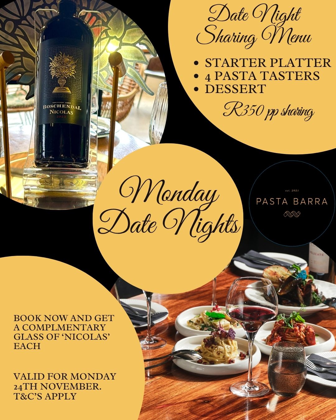 Monday nights just got a whole lot more romantic at Pasta Barra 💫
Join us for Monday Night Date Nights and make the start of your week unforgettable. Every Monday, each couple will receive a special complimentary treat from us to elevate your evening.
This coming Monday, we’re pouring a complimentary glass of Nicolas for each guest at the table – the perfect pairing to our handcrafted Mediterranean dishes and warm hospitality. 🍷
Book your Monday date now and let us take care of the rest.
📍 Pasta Barra, Brooklyn, Pretoria
📞 Call to reserve or book via the link in bio
#PastaBarra #DateNight #MondayNights #Boschendal #PretoriaRestaurants #ItalianDining #TasteThePassion